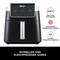 A black air fryer with digital controls. Text: 'Fast and even cooking', with technology icons.