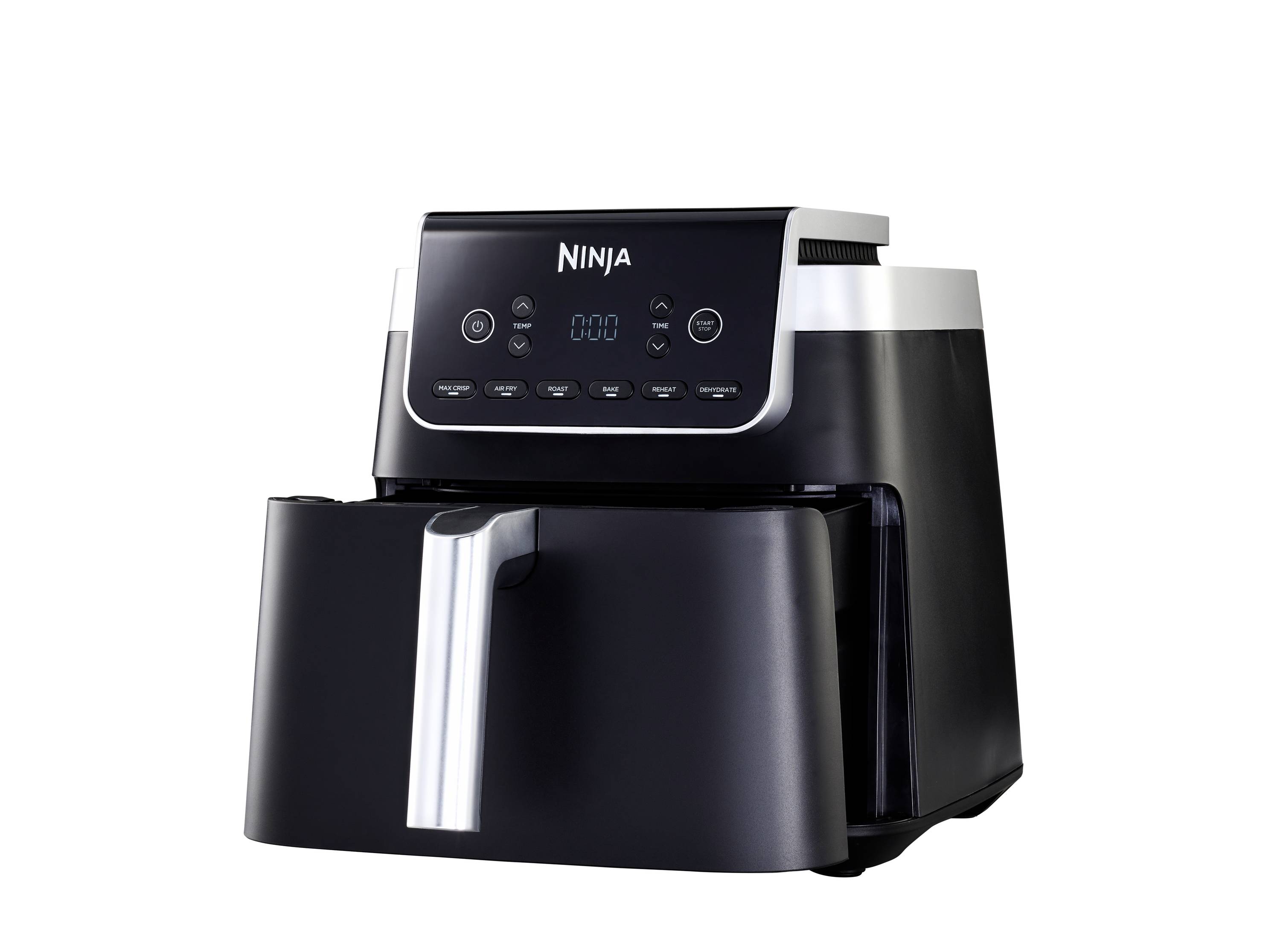 A black air fryer with a digital display and control buttons. The brand is marked on the top surface.
