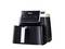 A black air fryer with a digital display and control buttons. The brand is marked on the top surface.
