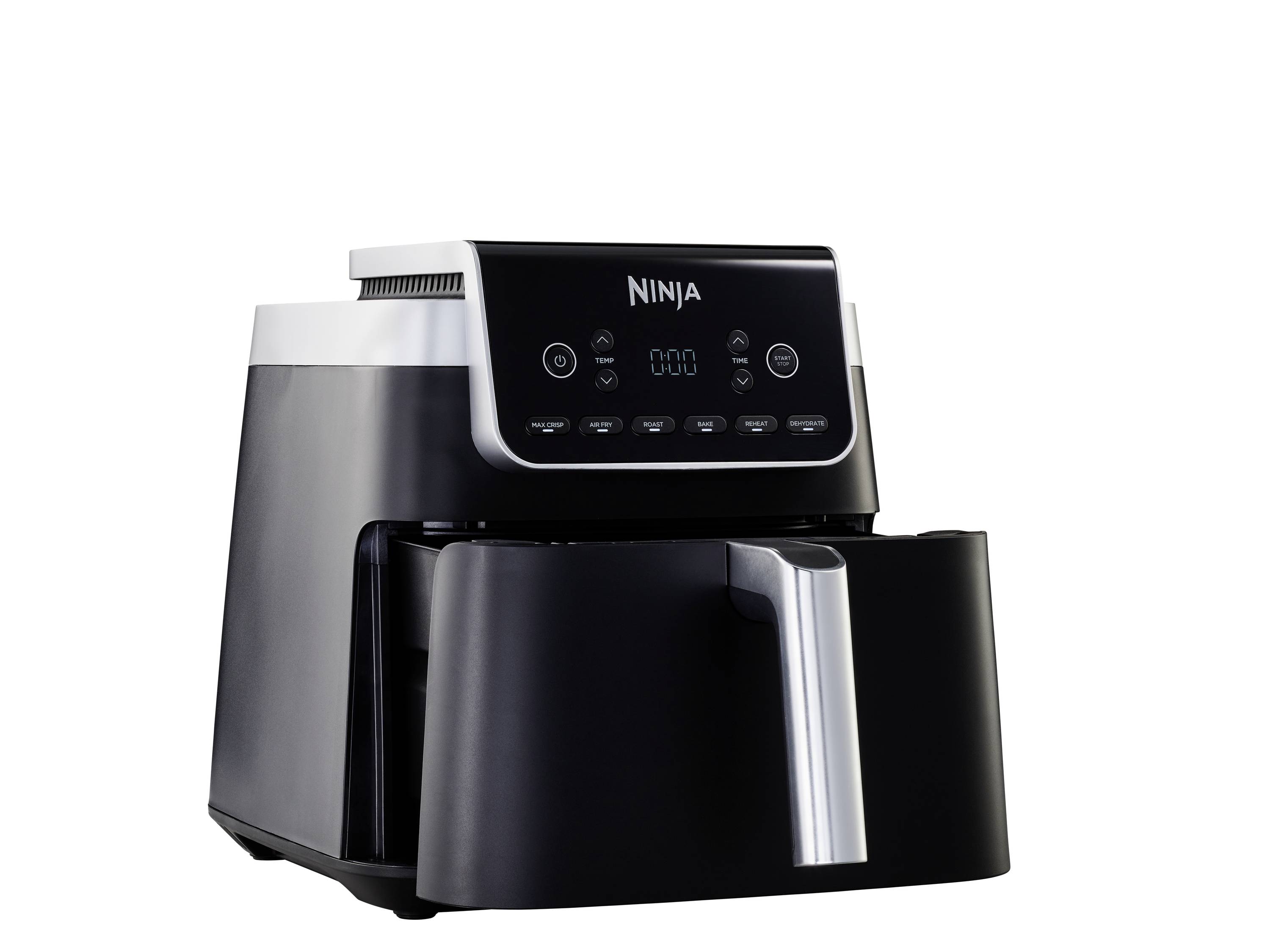 A black air fryer with a digital control panel and a silver-gleaming handle. Suitable for healthy frying without oil.
