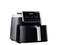 A black air fryer with a digital control panel and a silver-gleaming handle. Suitable for healthy frying without oil.