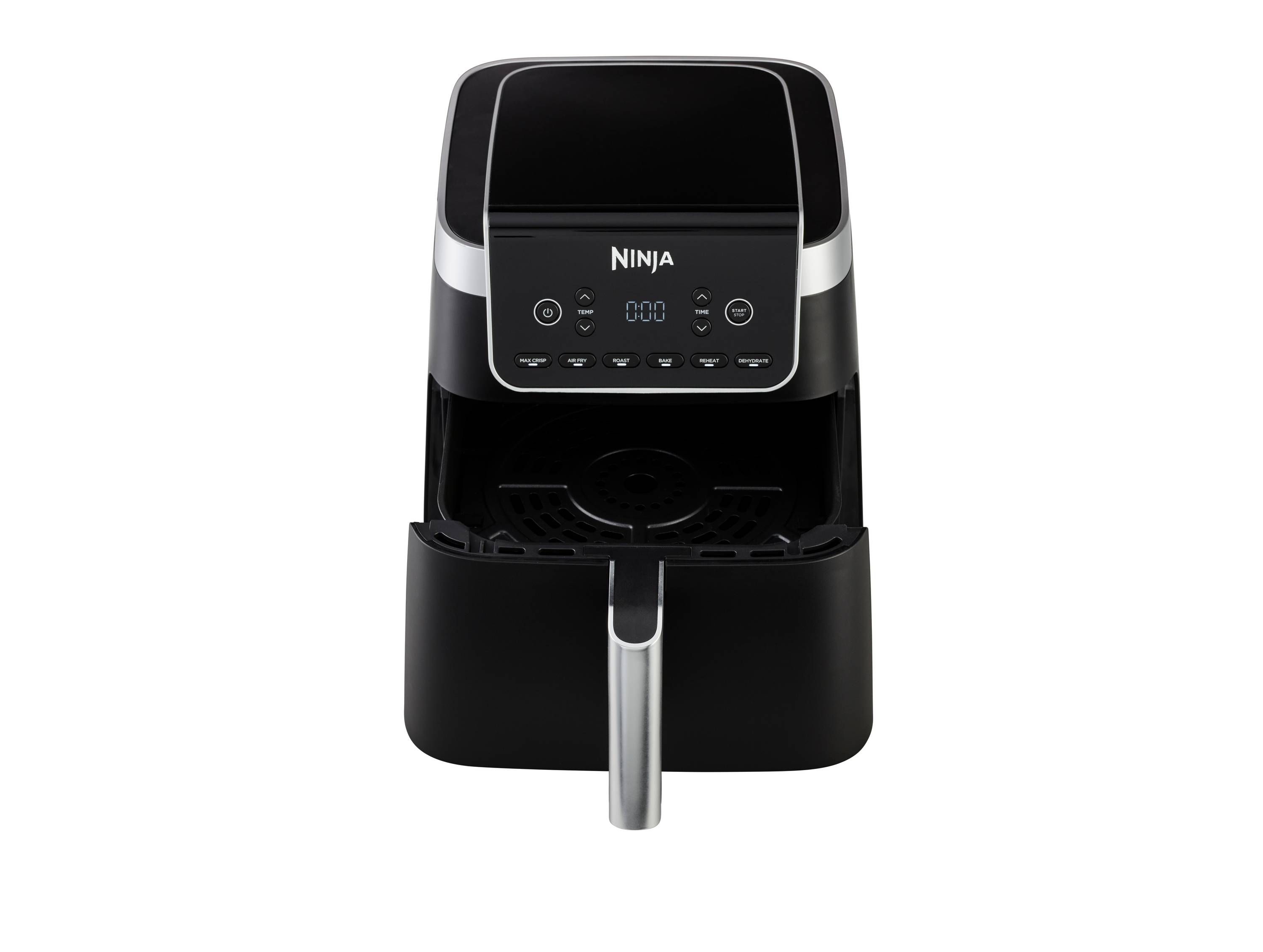 A black air fryer with a digital display and handle, with 'Ninja' written on it, viewed from the front in an open position.