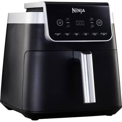 A black air fryer with a digital display on the front. The display shows buttons for temperature and time settings.