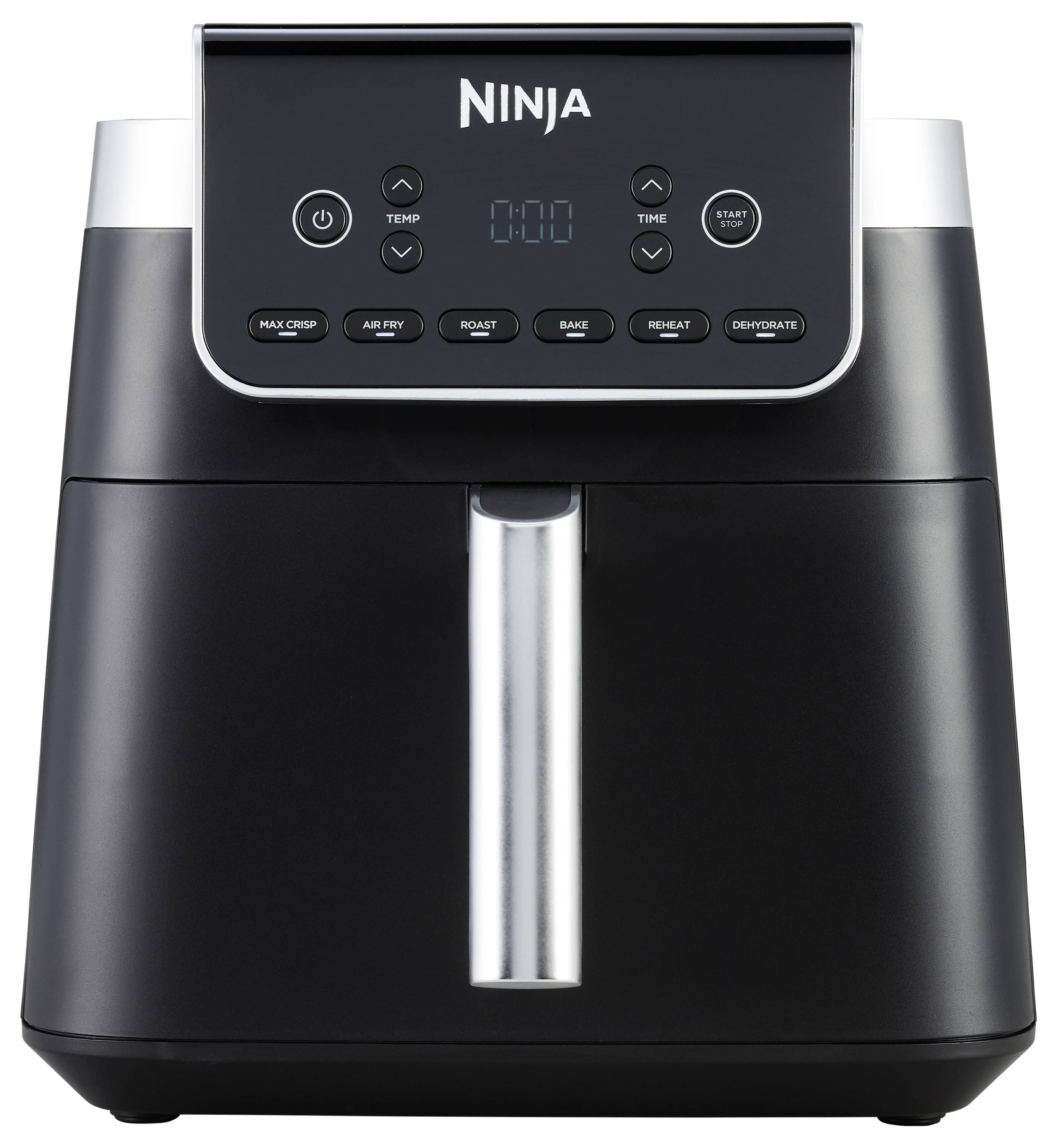 Black hot air fryer with digital display, various mode buttons and time/temperature indicator on the front.