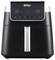 Black hot air fryer with digital display, various mode buttons and time/temperature indicator on the front.