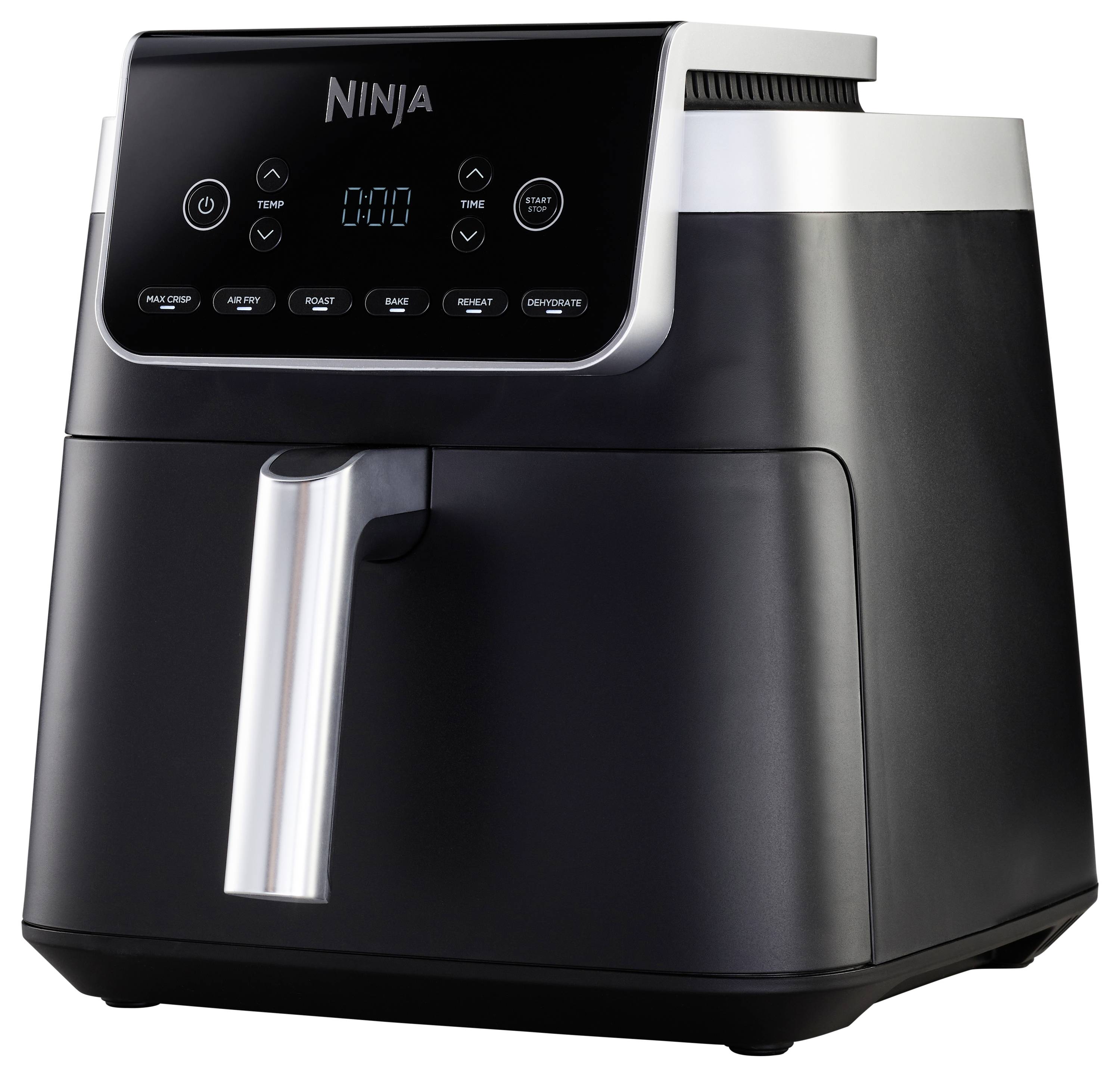 A black air fryer with a digital display and multiple control buttons on the front.