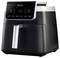 A black air fryer with a digital display and multiple control buttons on the front.