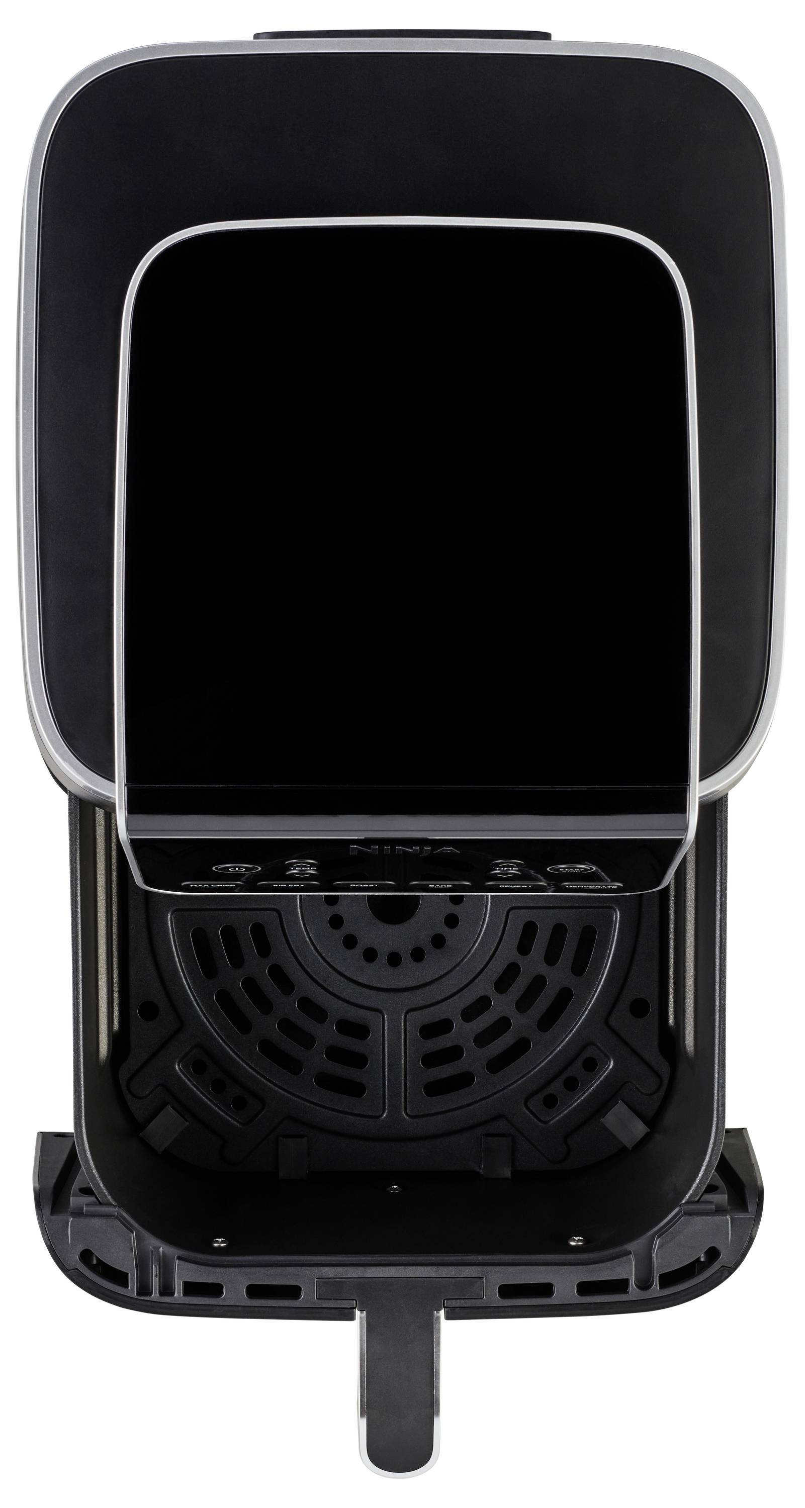 Air fryer with open basket, showing heating plate and removable drip tray. Suitable for fat-free frying at home.