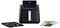 Black air fryer on a white background with instruction manual and accessory grid. Perfect for low-fat frying.