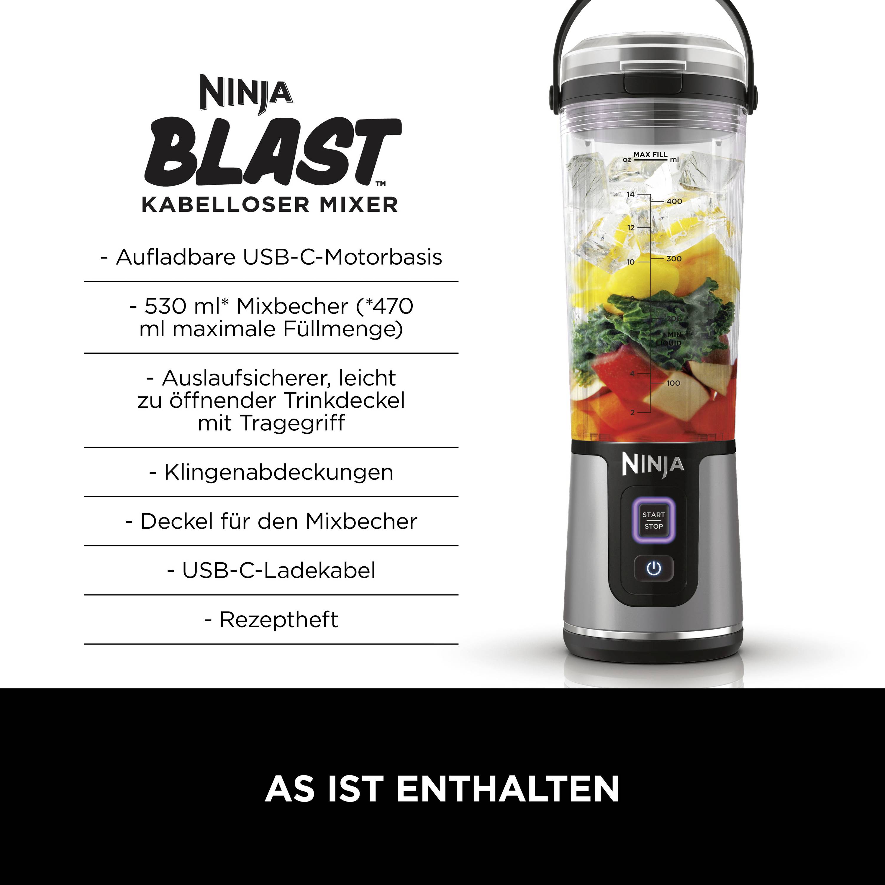 A blender with a transparent container shows fruit and vegetables. Includes motorised base, lid with drinking opening, blades and USB charging cable.