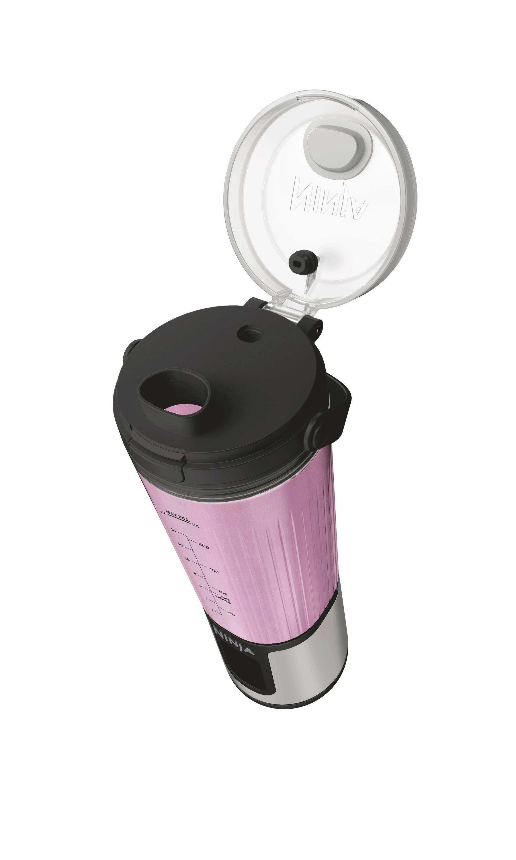 Rose-coloured drinks cup with a black lid and an open transparent closure. Measurement markings are visible on the side.