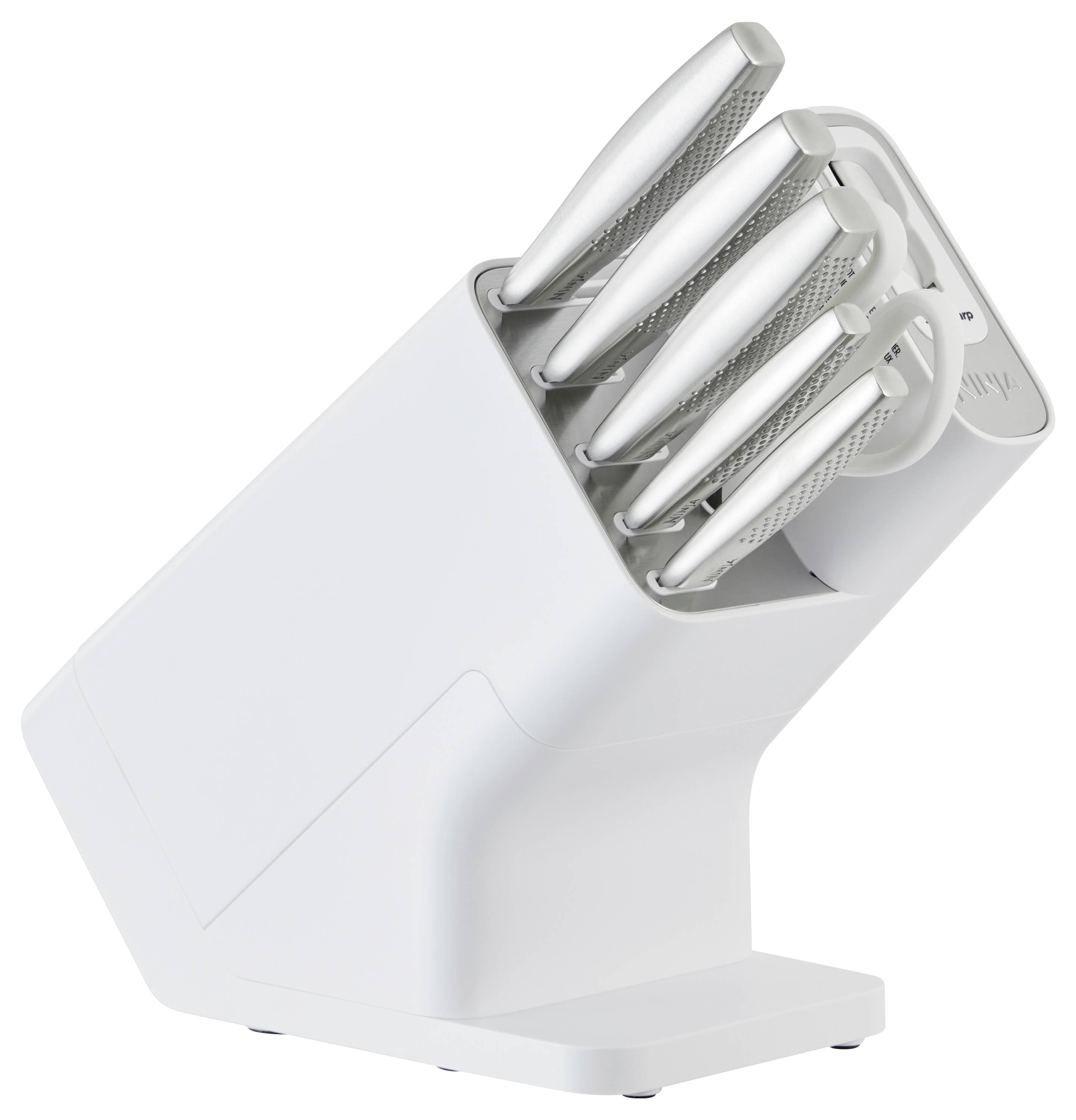 A knife block made of white material with five silver knives. The knife handles are ergonomically designed and structured.