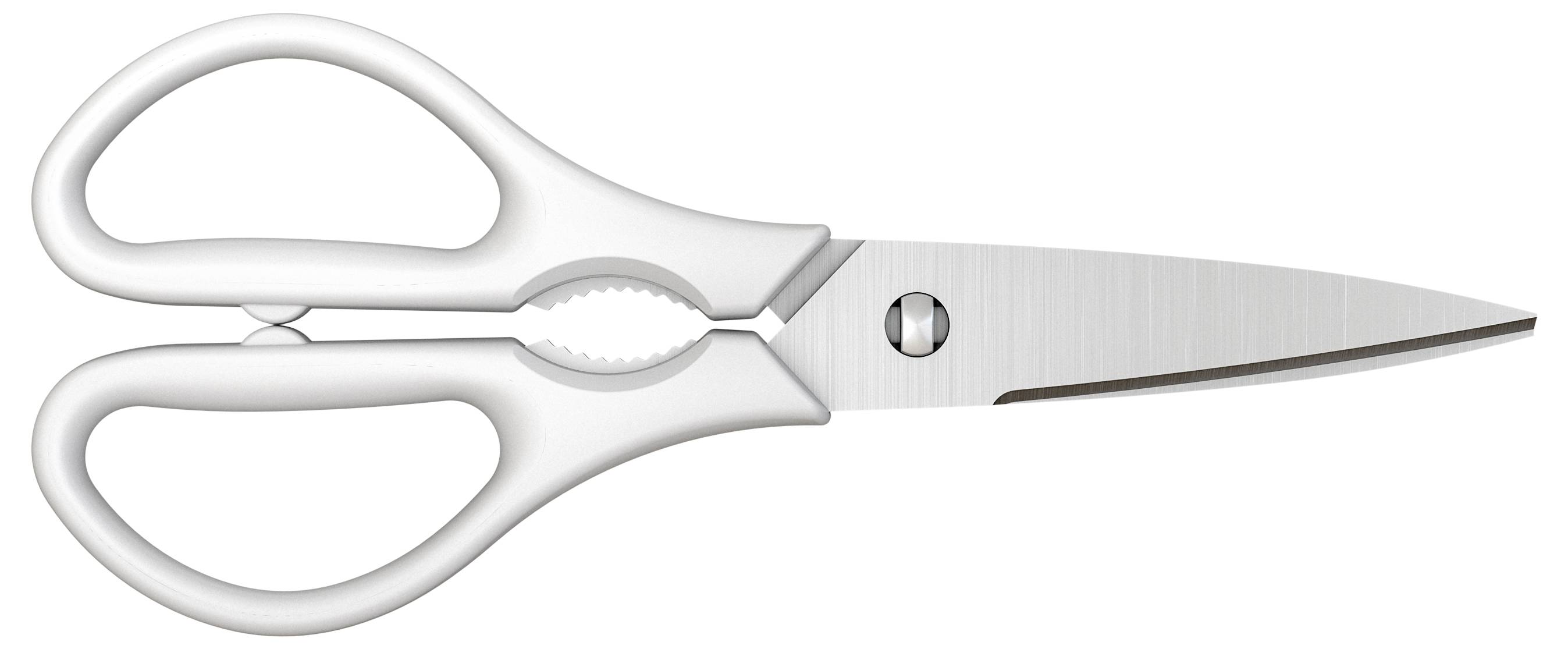 Silver kitchen scissors with ergonomic handles, slightly open. Suitable for cutting paper or small materials.