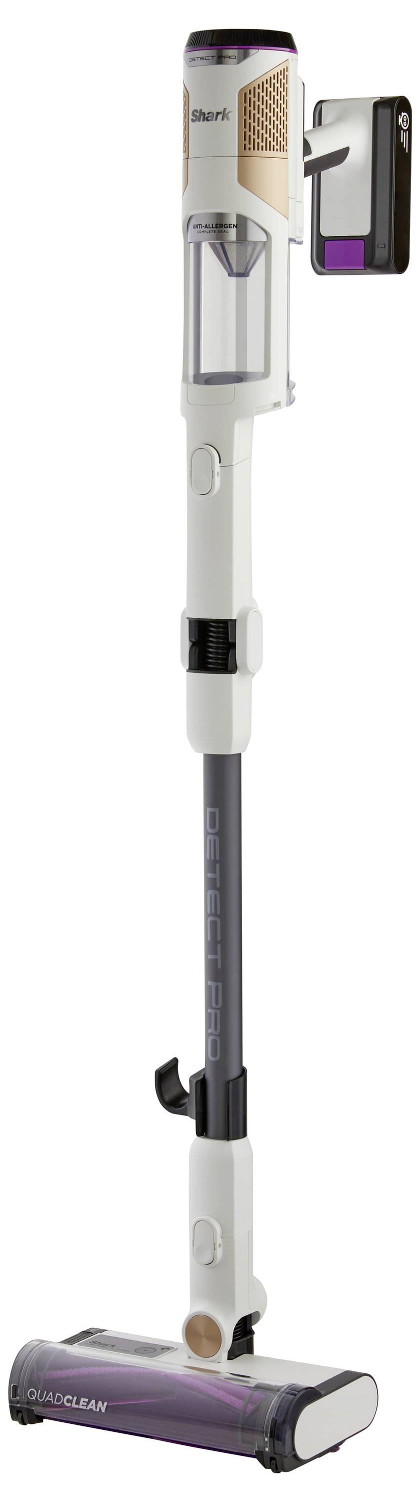 Cordless vacuum cleaner with a slim design, transparent dust container, and removable battery, suitable for hard floors and carpets.