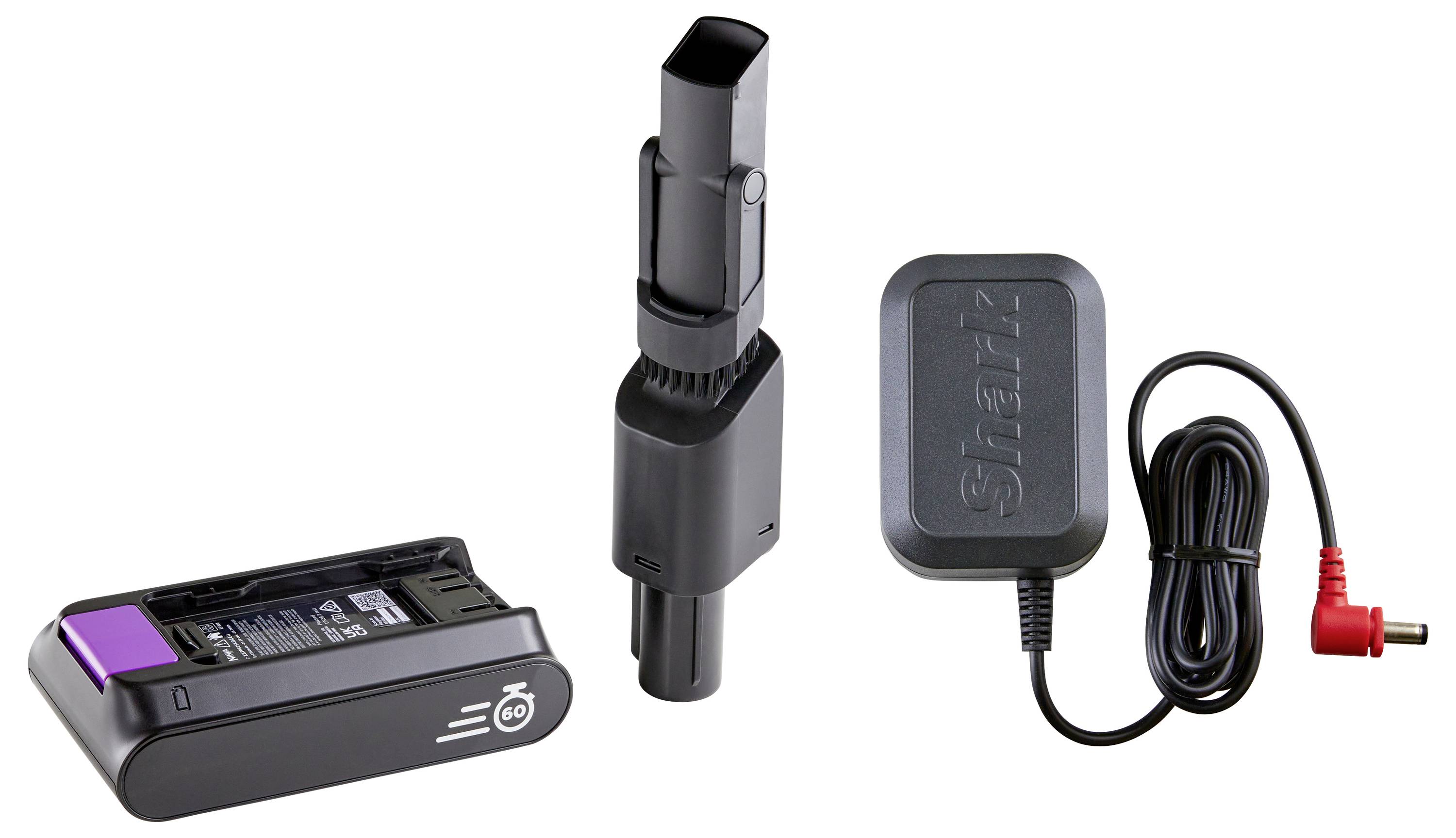 A cordless vacuum cleaner set comprising a battery, a charger, and a narrow nozzle for cleaning tasks.