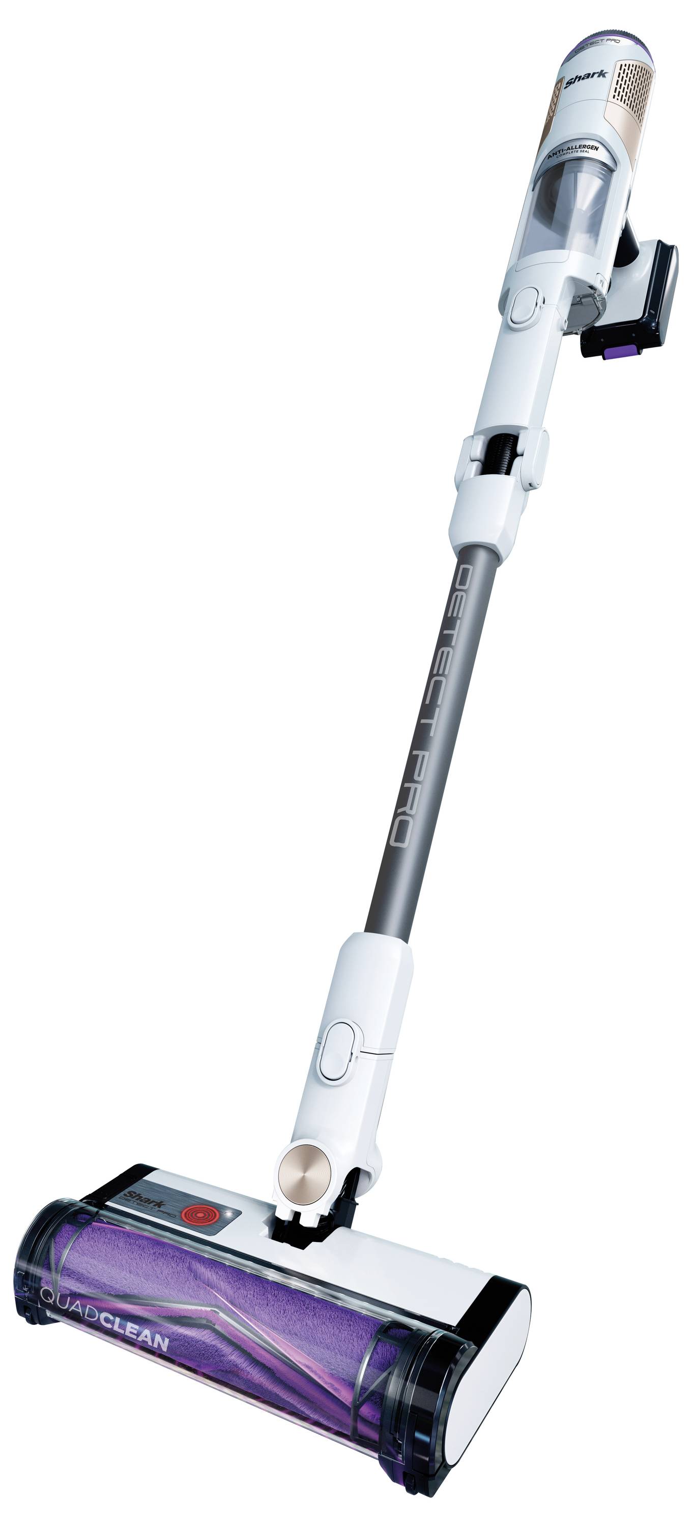 A cordless vacuum cleaner with a long handle and rotating brush, in white and lilac colours, against a neutral background.