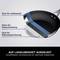 Frying pan with a black exterior and blue inner stripe. Text emphasises durability, heat distribution, and heat retention.