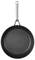 Black frying pan with silver handle, top view. Simple kitchen utensil.