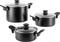 Three black cooking pots with glass lids and handles, arranged in different sizes. Suitable for hob cooking.