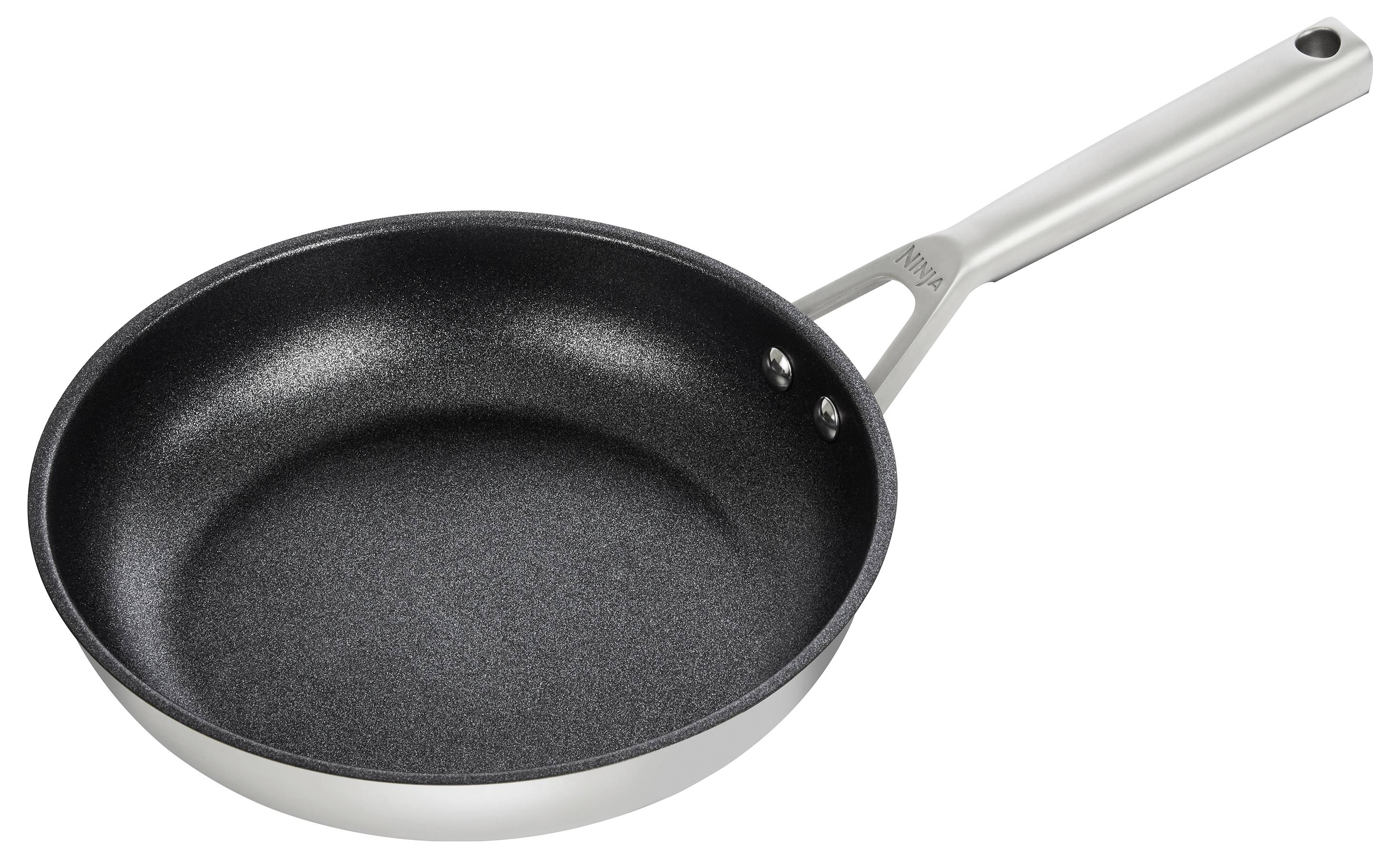 A black metal frying pan with a long silver handle.