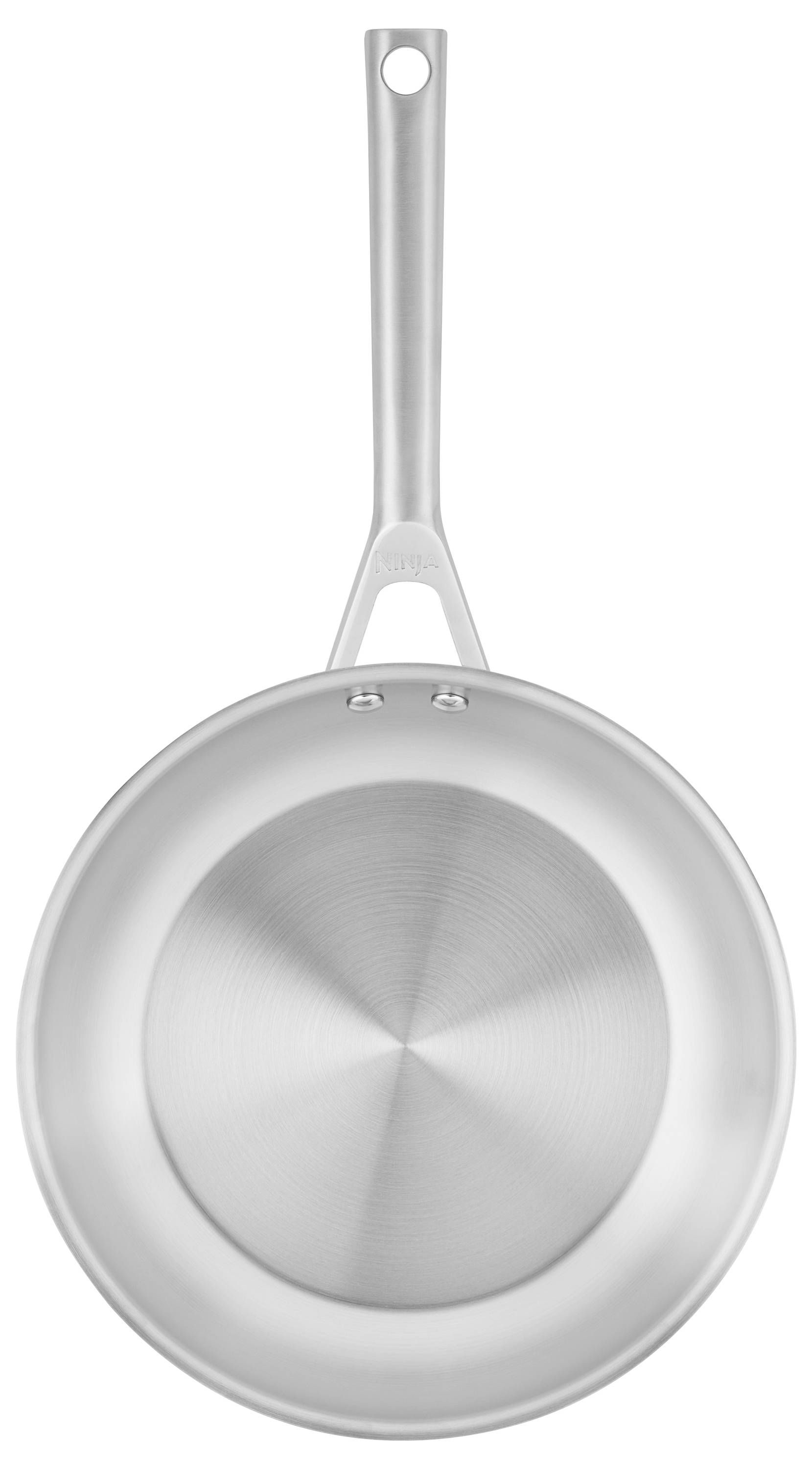 Stainless steel frying pan with long handle, viewed from above. Suitable for frying and cooking.
