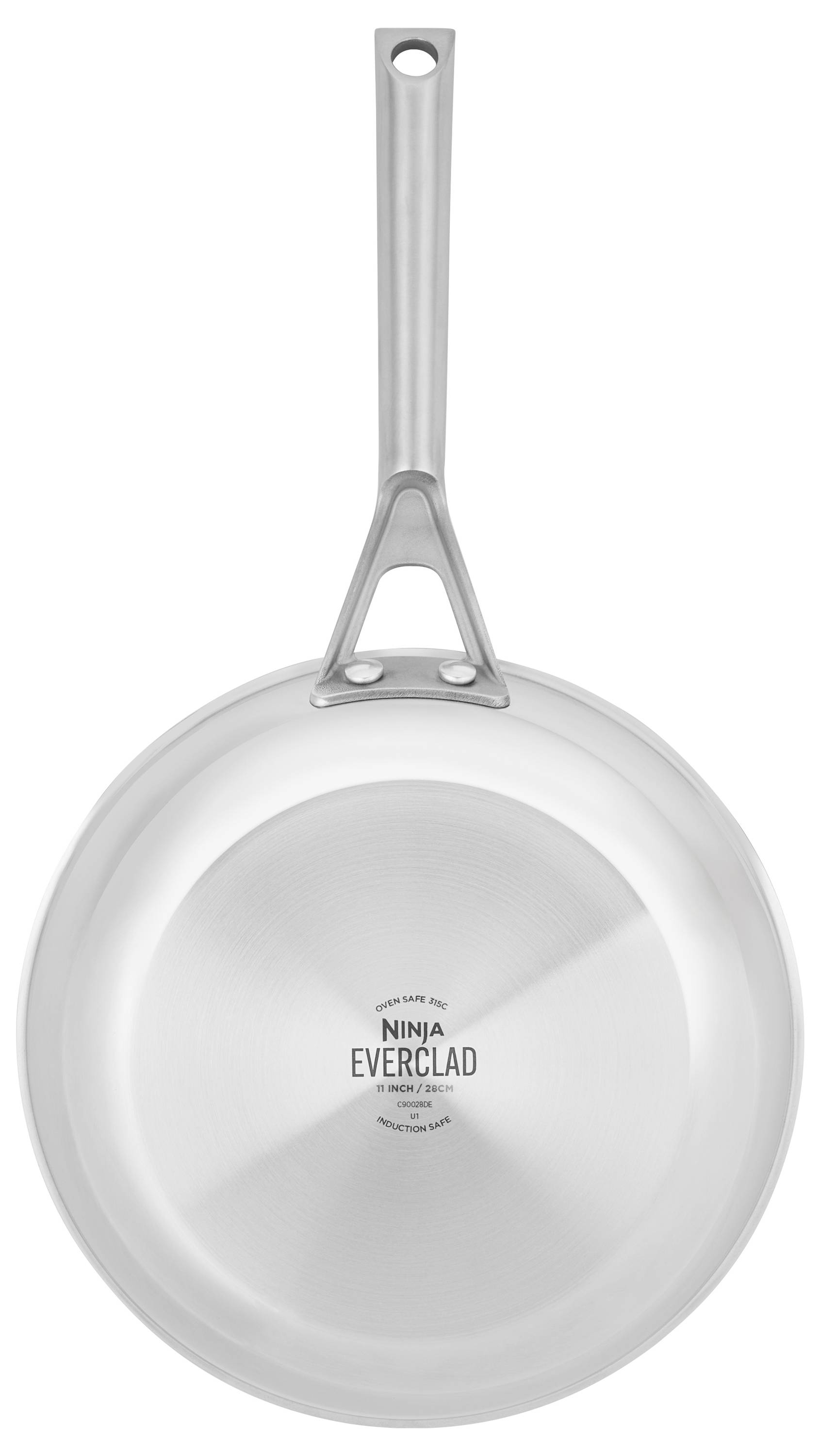 Stainless steel frying pan with a long handle, 'Ninja Everclad' inscription on the underside, reflective surface.