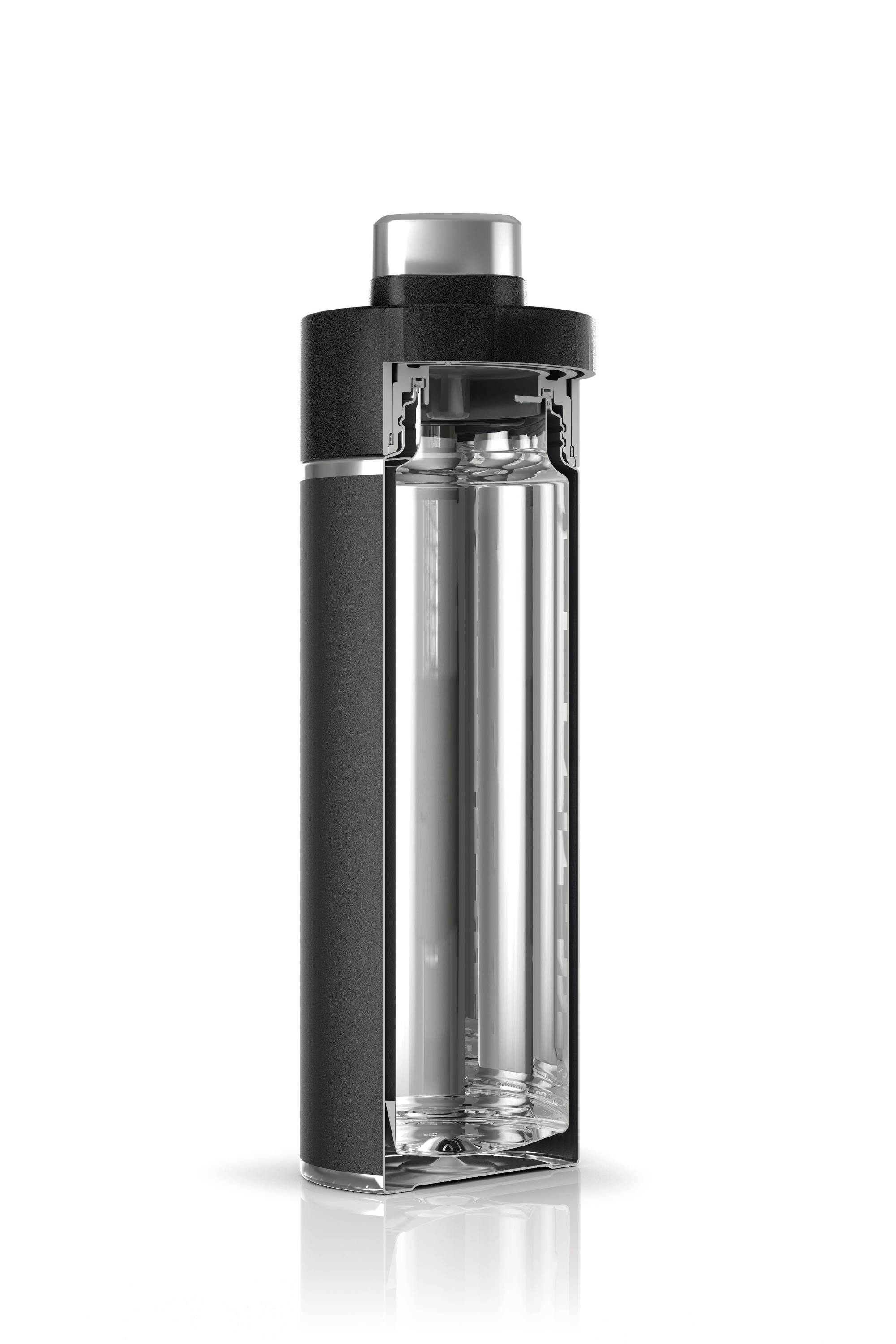 Transparent bottle with a black rim and silver lid, revealing the internal structure of a liquid container.