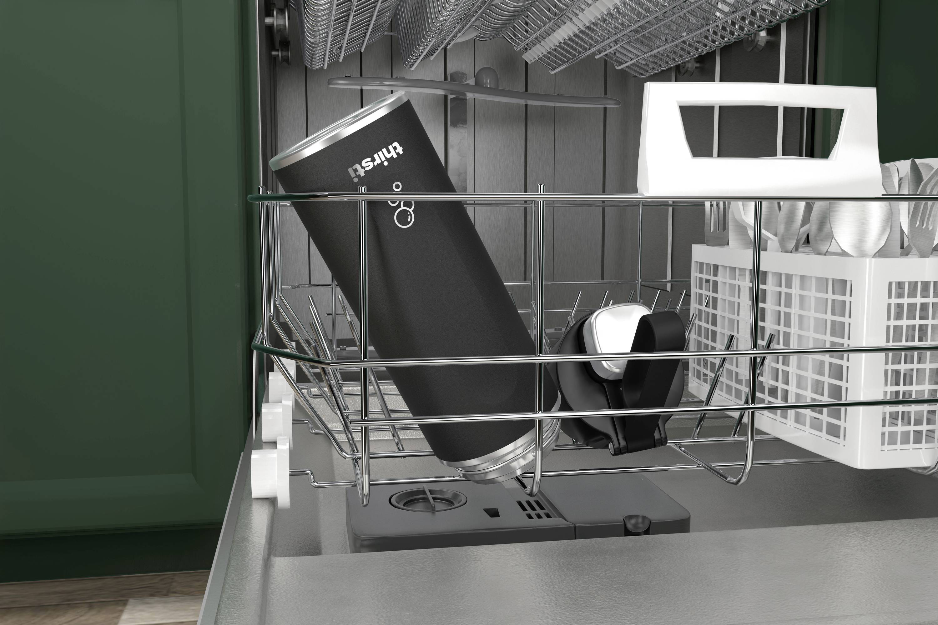 An open dishwasher with a black thermal mug on the top rack next to a cutlery basket.