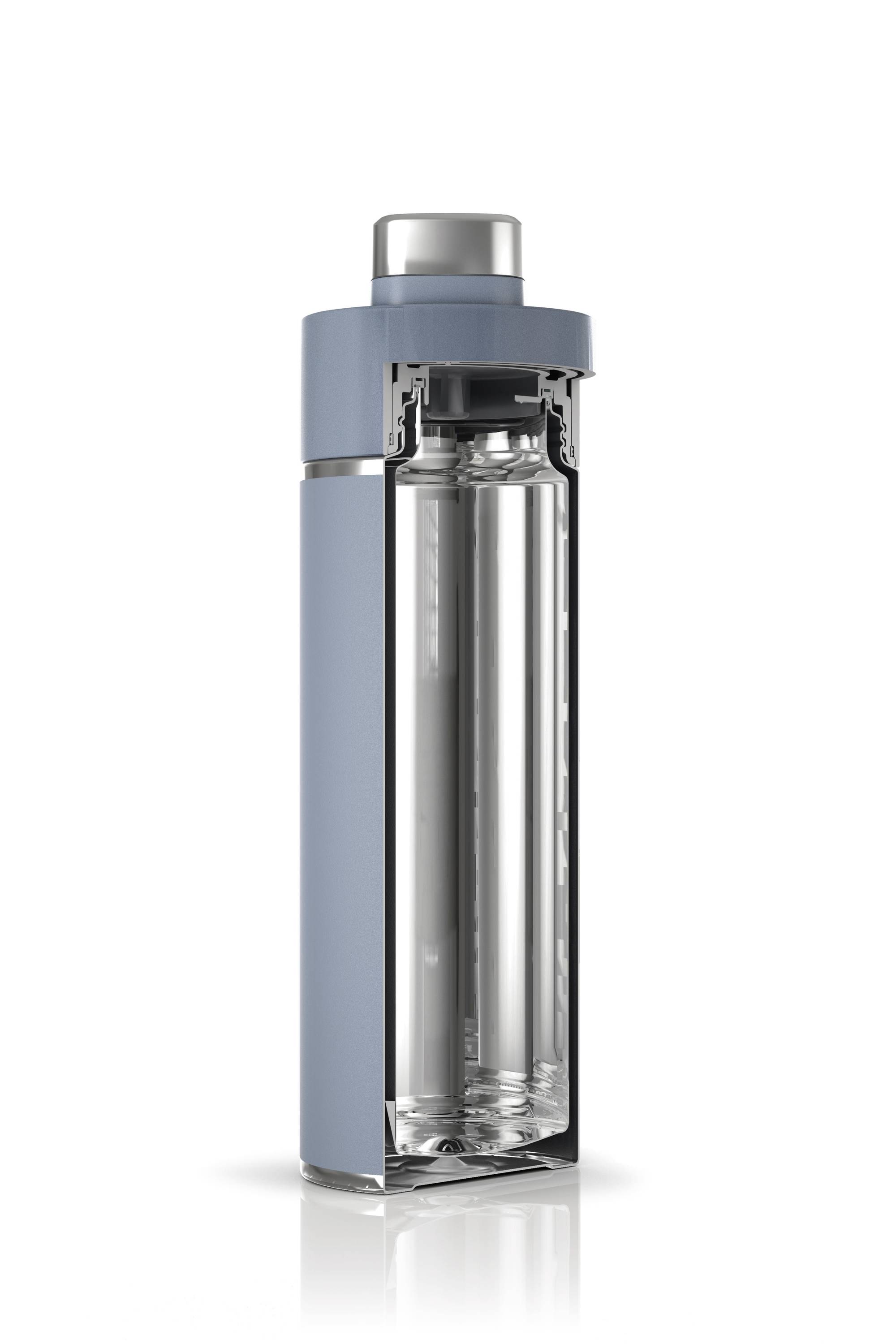 A transparent, cylindrical bottle with a light blue sleeve and silver lid, standing upright, shows a cross-sectional view.