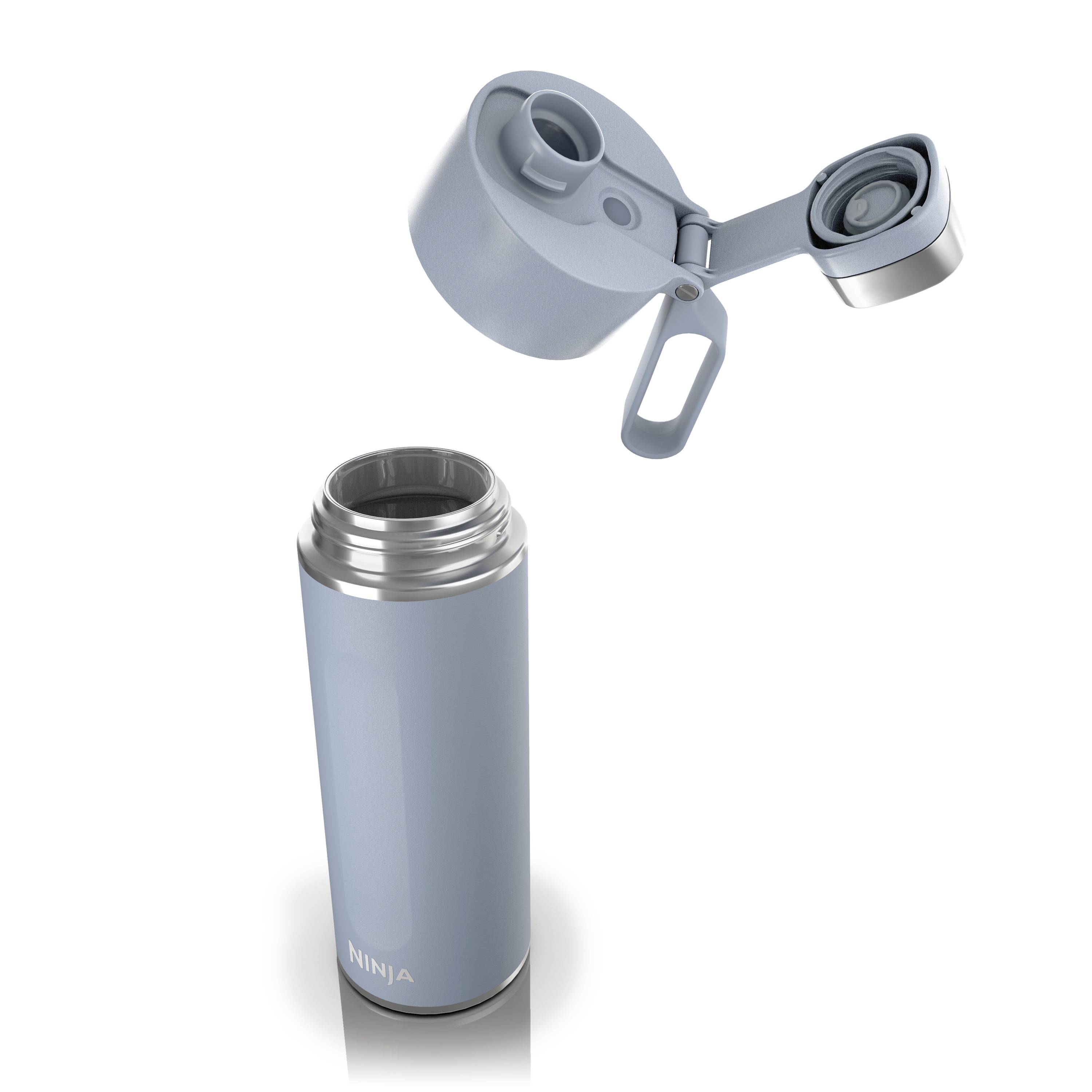 Grey thermal mug with removable lid and flip-top closure. 'Ninja' brand name on the bottom edge of the mug.