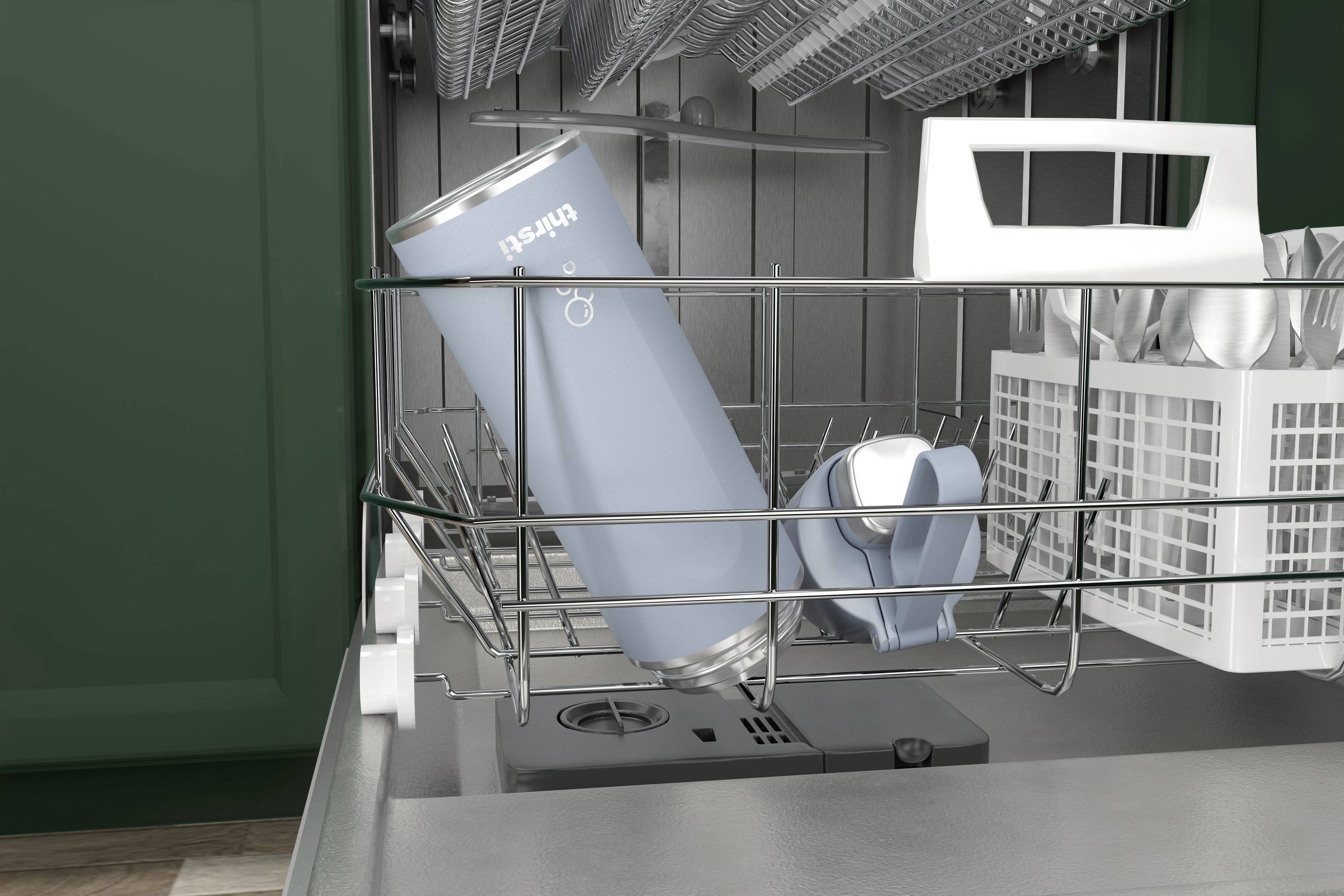 An open dishwasher with a drinking bottle and a small household appliance on the bottom dish rack. Cutlery compartments are located on the right side.