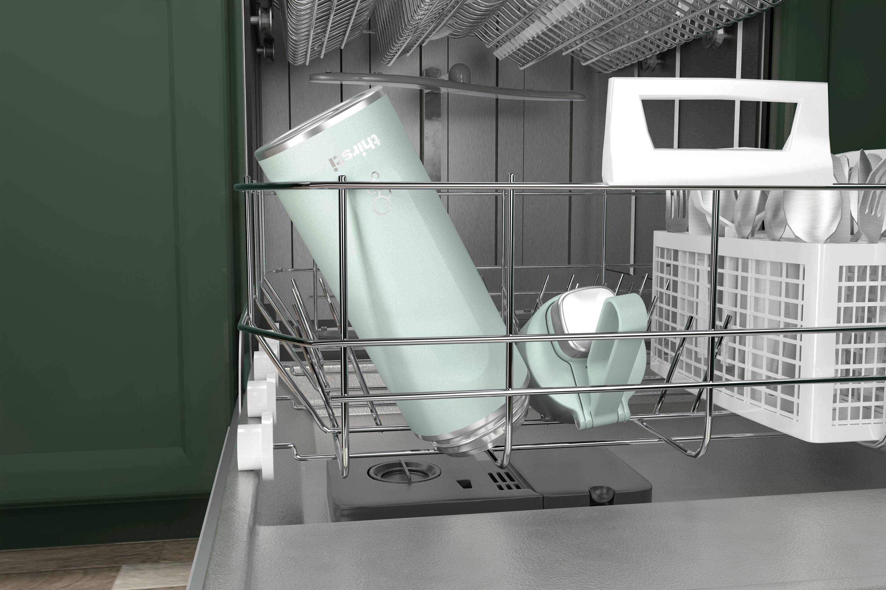 Dishwasher with open rack, containing a mint-coloured drinking bottle and a mug. Cutlery basket with spoons and forks visible.
