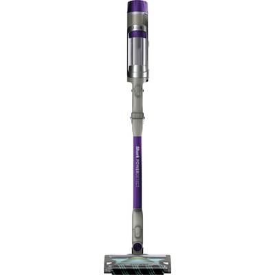 A purple and grey cordless vacuum cleaner with a slim design and brush head for carpets and hard floors.
