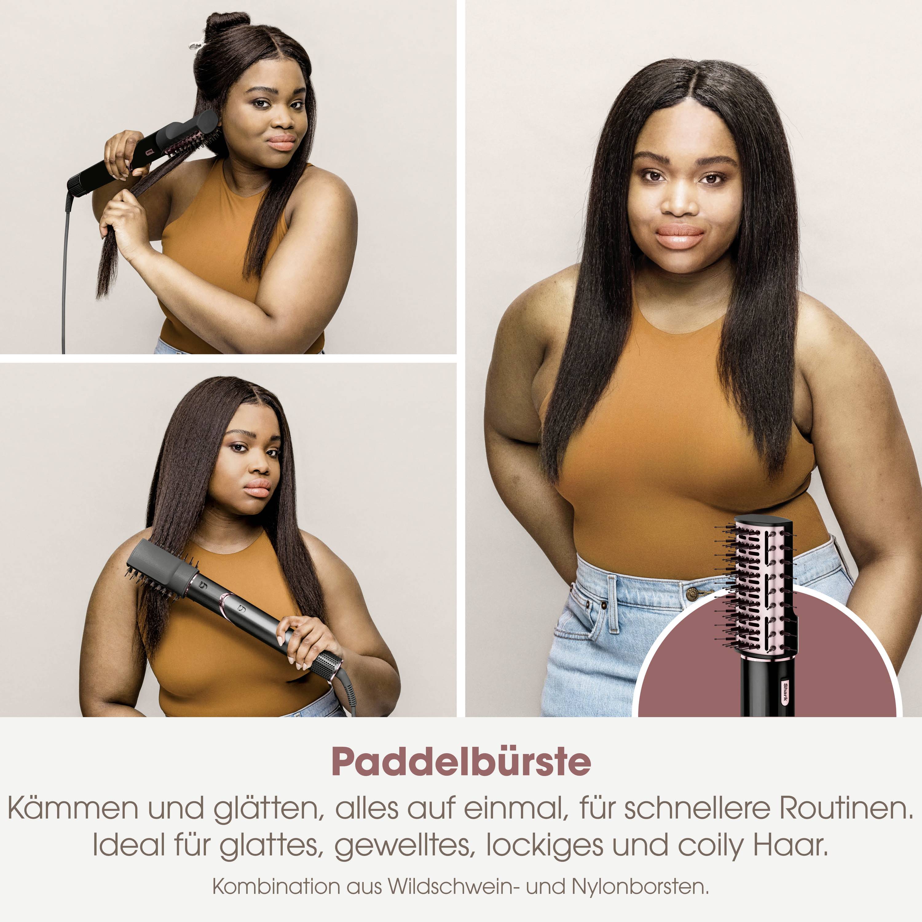 A woman is using a paddle brush to comb and smooth her hair. The text describes the brush as ideal for quick straightening.