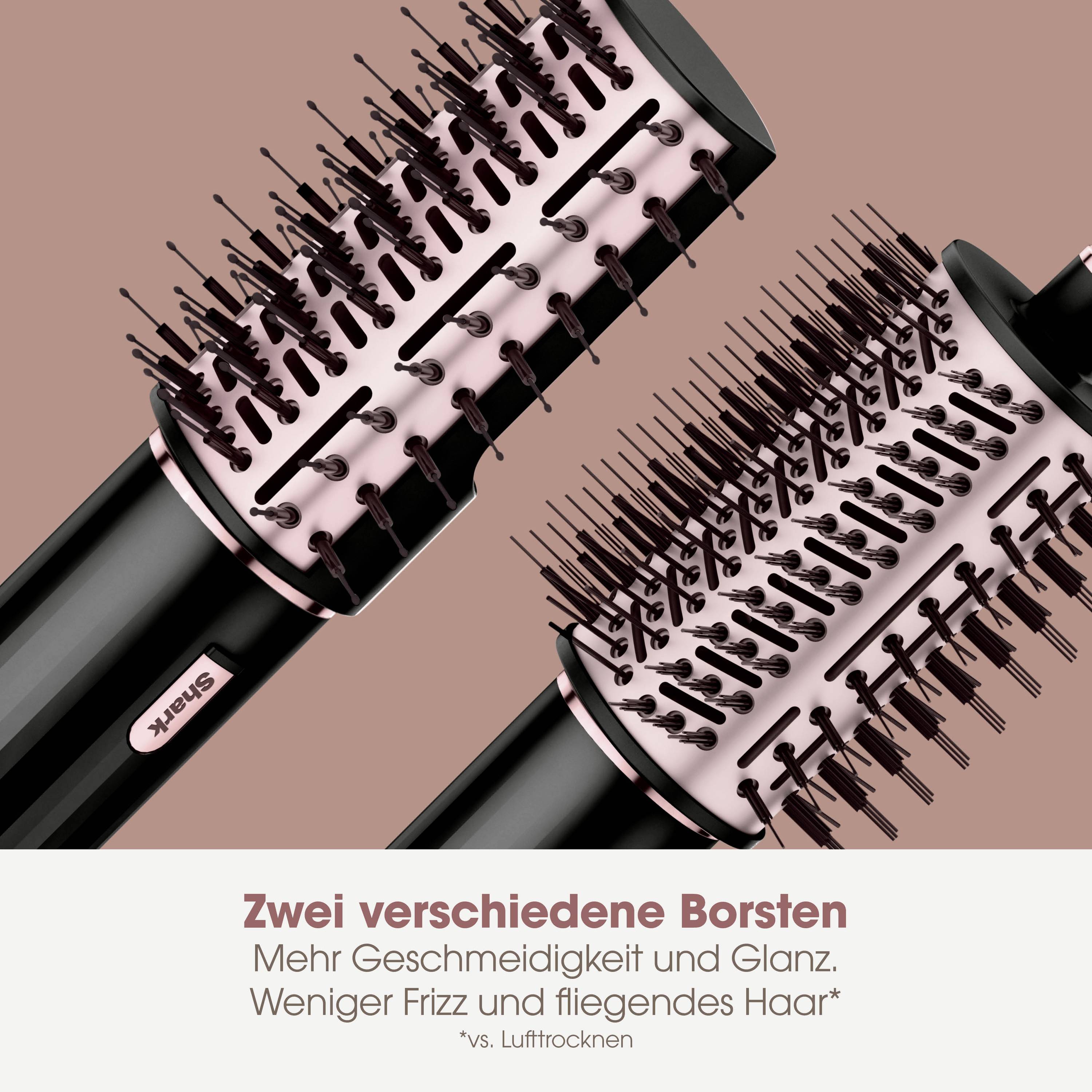 Two hairbrushes in black and pink with text: 'Two different bristles. More smoothness and shine. Less frizz and flyaway hair.'