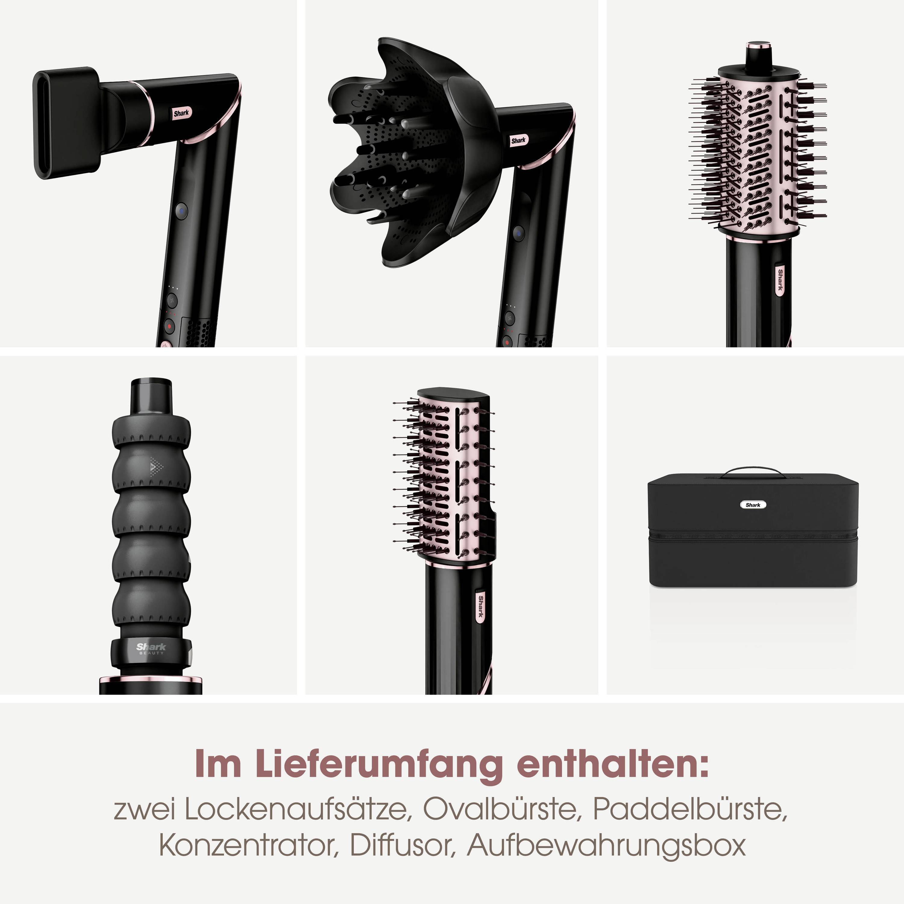 Included in the package: two curling attachments, oval brush, paddle brush, concentrator nozzle, diffuser, storage box.