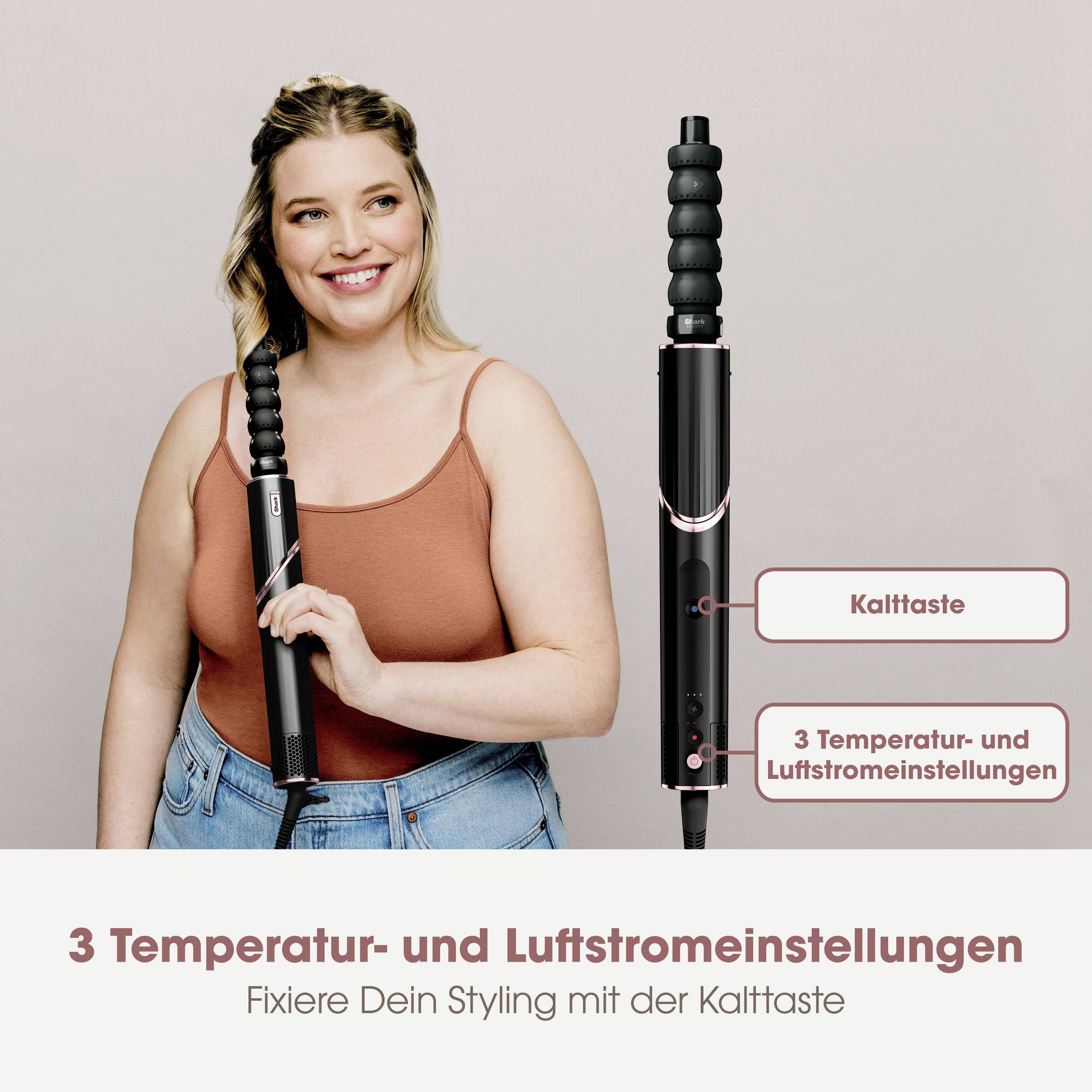 A woman is holding a curling wand with three temperature and airflow settings, including a cool button. Text at the bottom reads: 'Set your style with the cool button'.