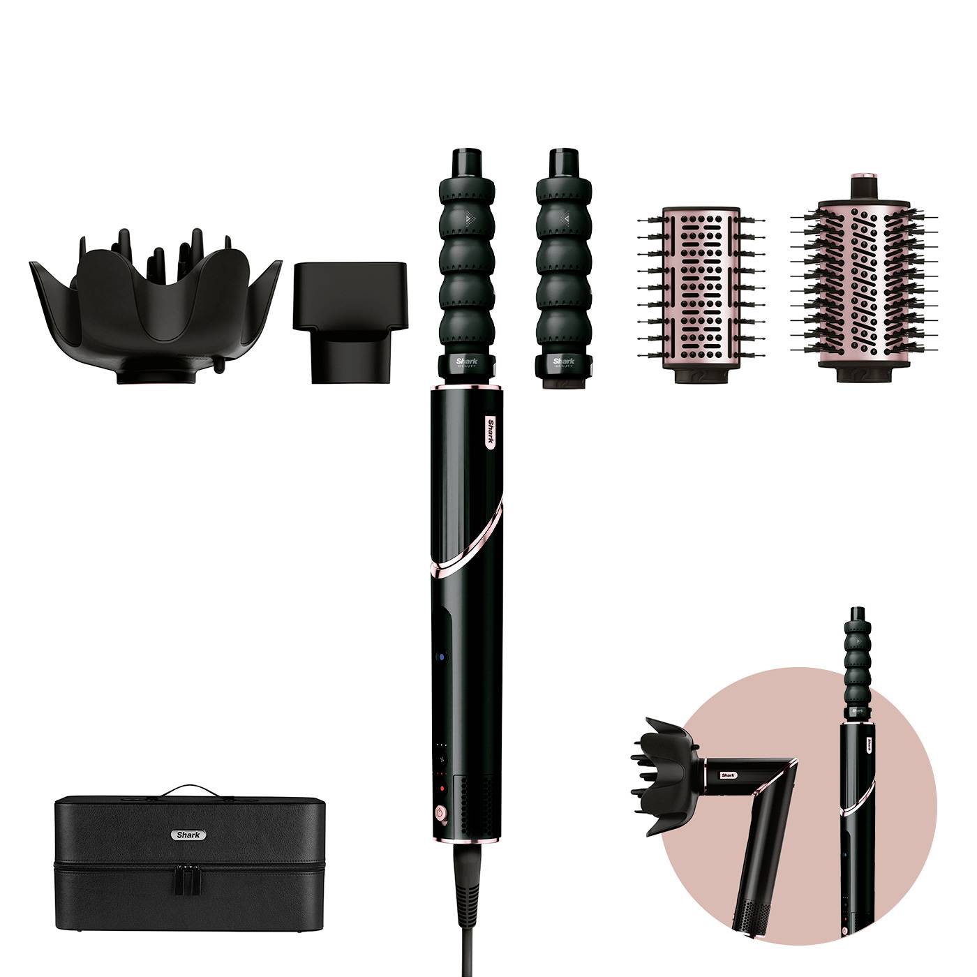 Hairdryer with Accessories: round nozzle, diffuser, styling attachment, storage bag. Perfect for various hairstyles.