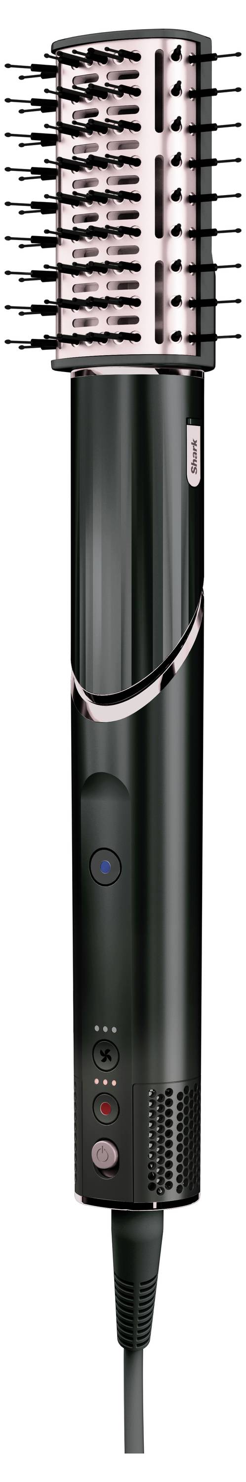 Electric hairdryer brush with cylindrical brush head and black handle. Suitable for styling and straightening hair.