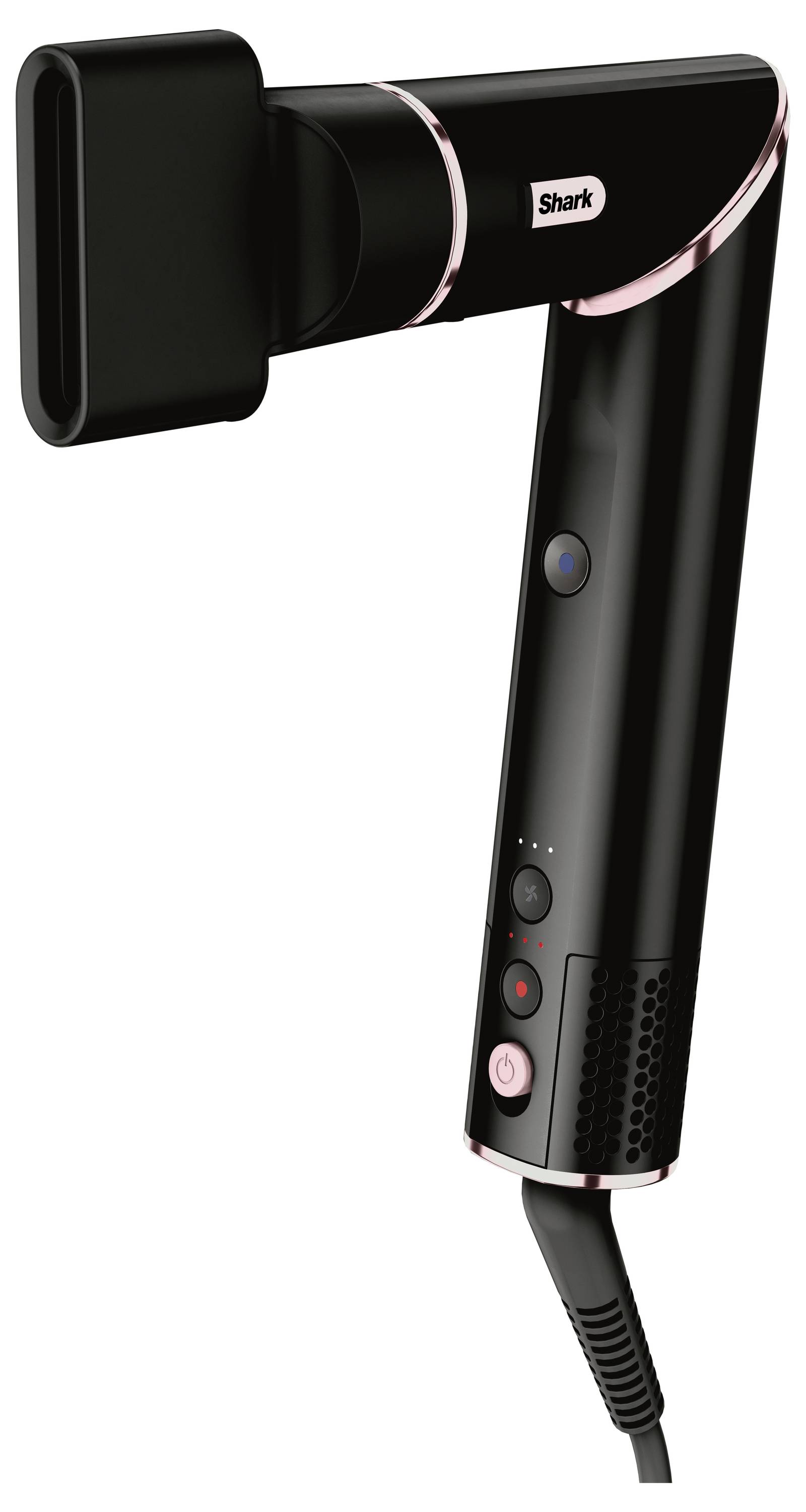 Black hairdryer in L-shape with pink accents, branded 'Shark', showing controls on the side and a cable at the bottom.