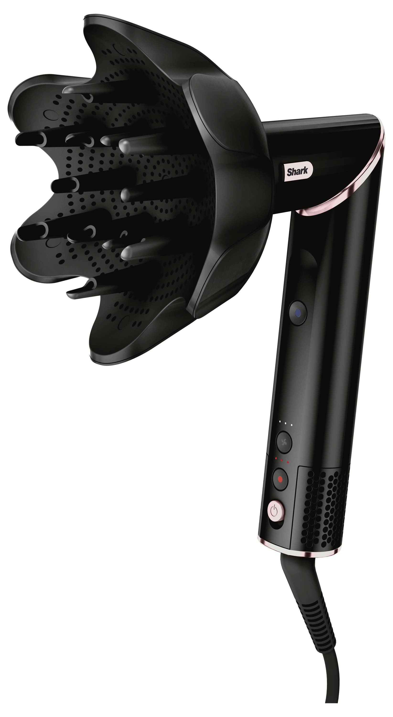 A black hairdryer with a diffuser attachment; modernly designed with various buttons for settings.