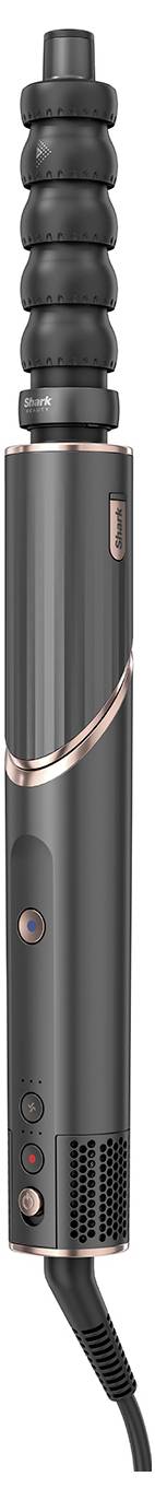 A black curling wand with rose gold accents, a spiral attachment, and control buttons on the handle.