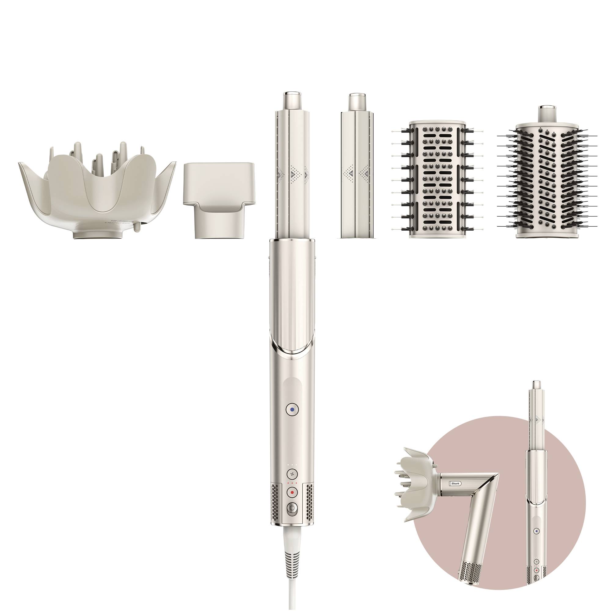 Multifunctional hair styler with various attachments for curling, adding volume, and straightening. Includes diffuser, brushes, and hairdryer nozzles.