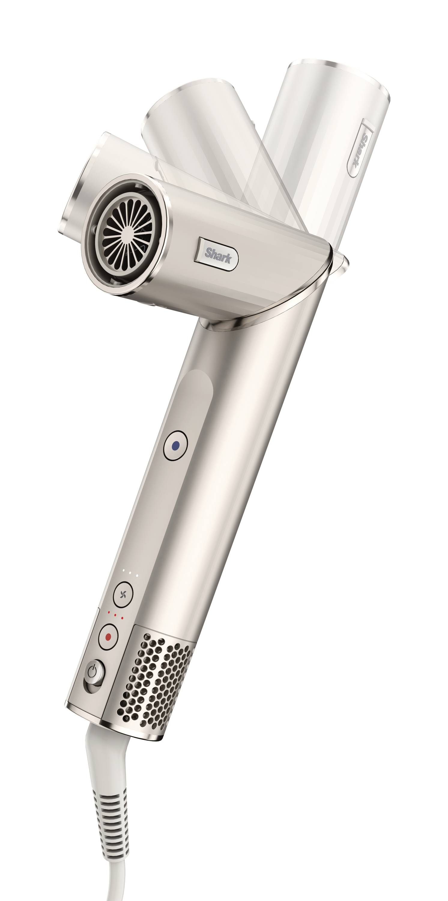 A modern hairdryer in silver with multiple ventilation openings and buttons, shown against a neutral background.