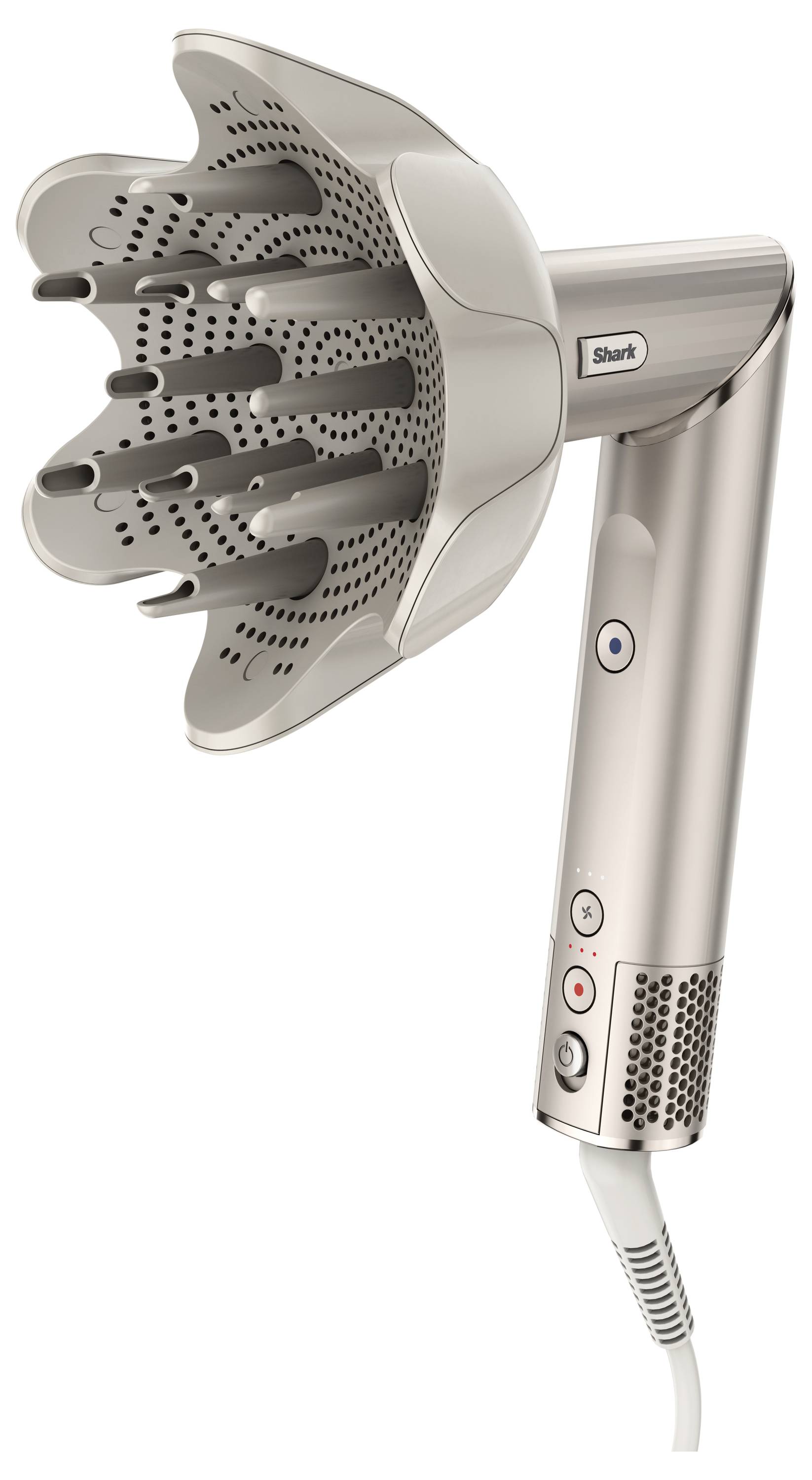 A silver hairdryer with a diffuser attachment, suitable for curls and gentle drying. Side switch for adjusting settings.
