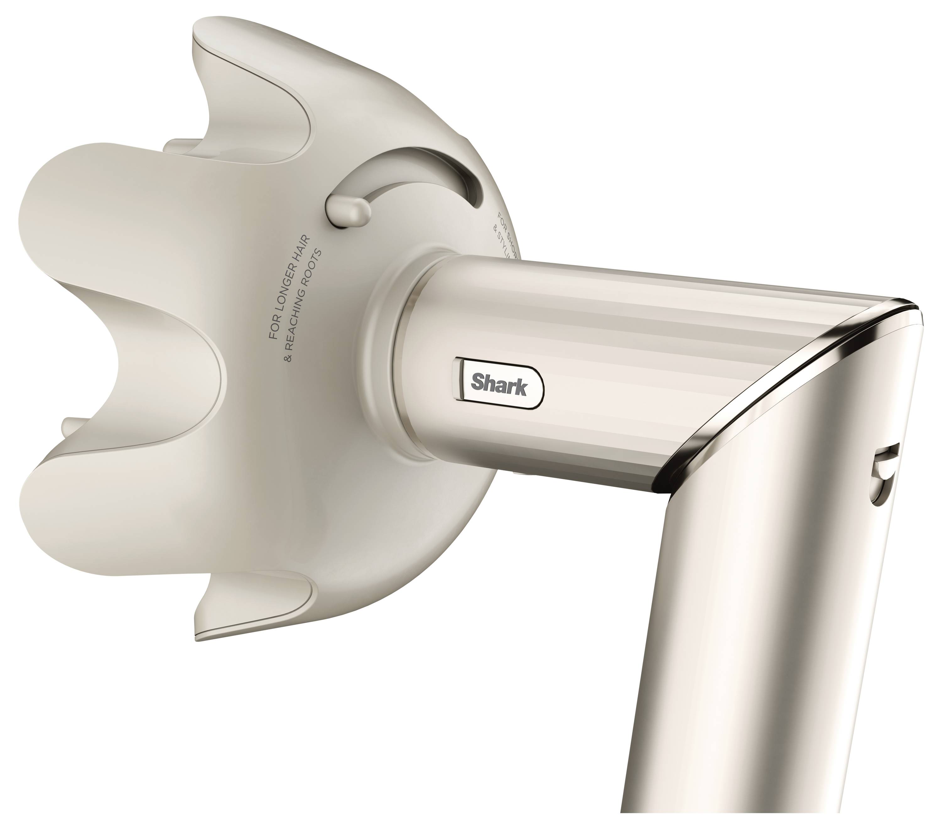 A white hair styler with a round attachment and an ergonomic handle, labelled 'Shark'.