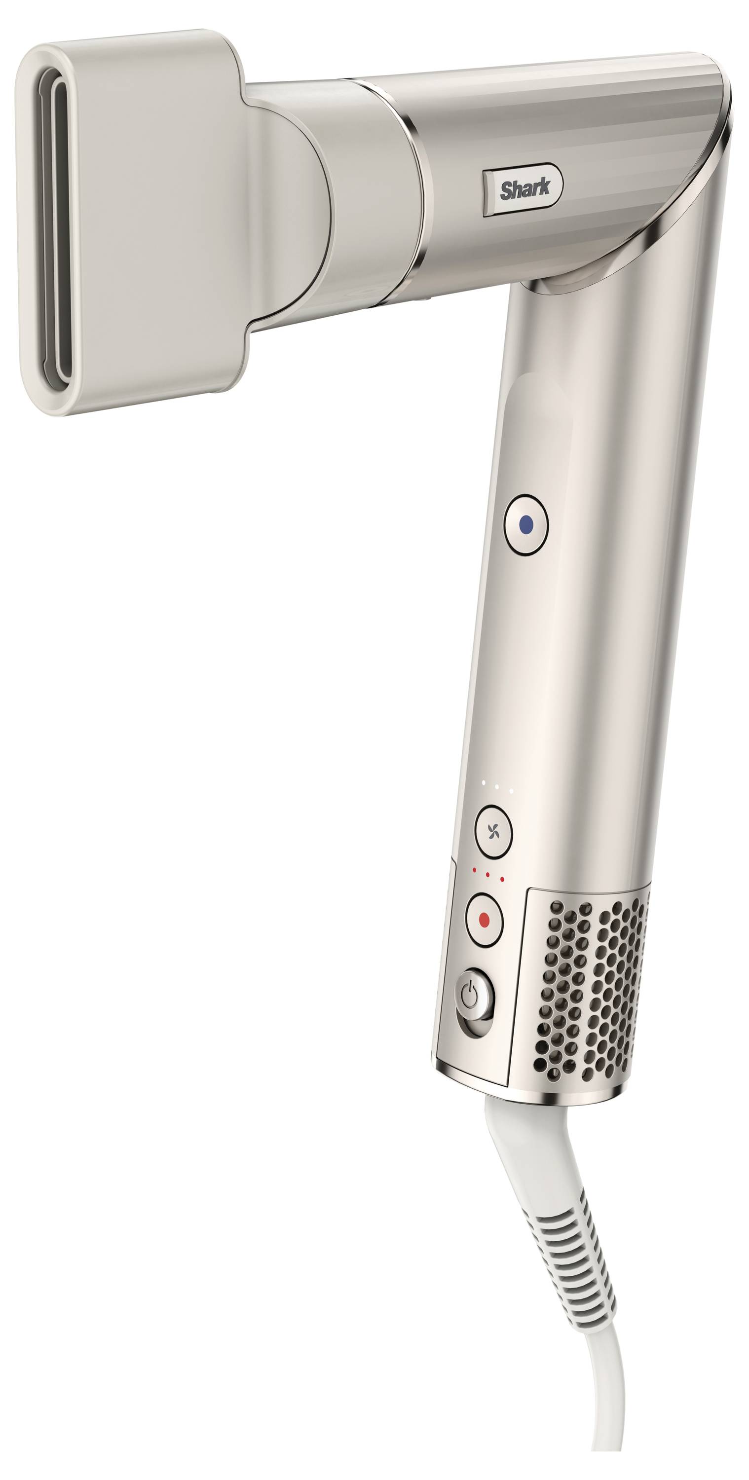 A modern hairdryer with a nozzle, gleaming metal casing and controls on the side. Power cable is visible.