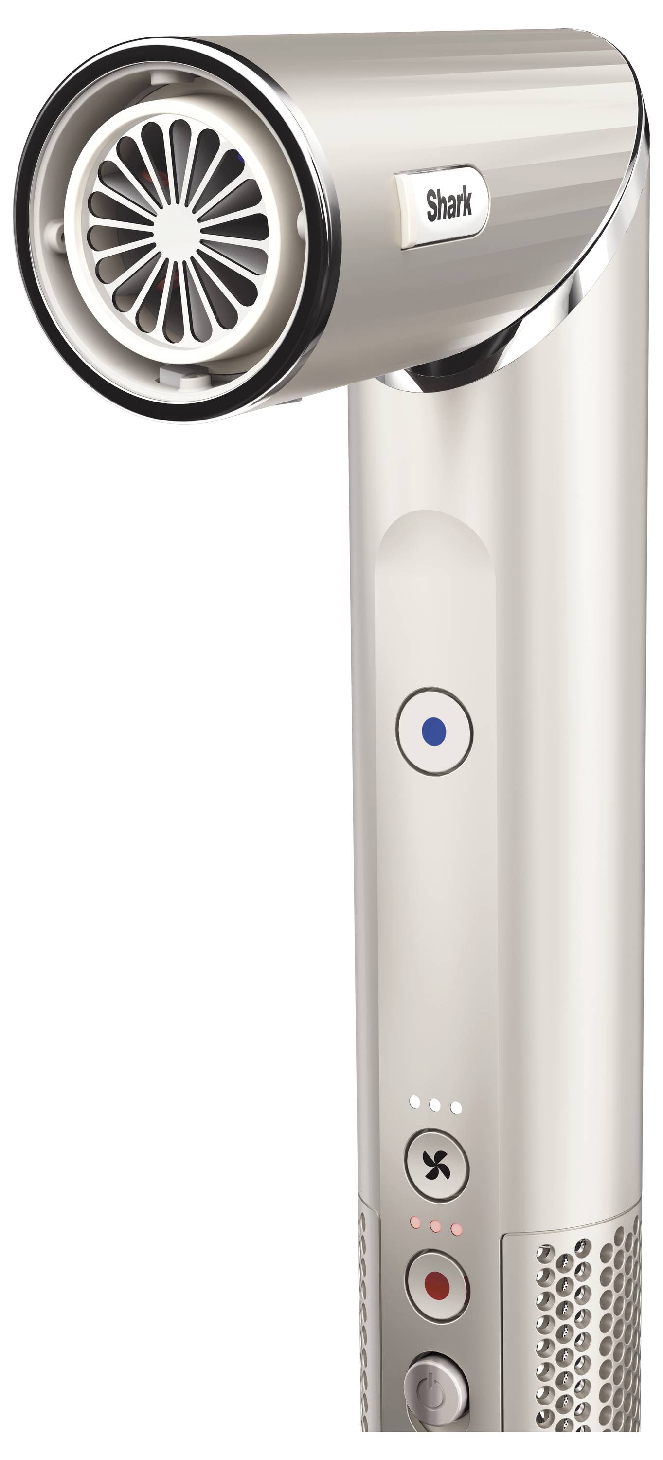 A modern, silver hairdryer with various buttons for control, including temperature and airflow settings.