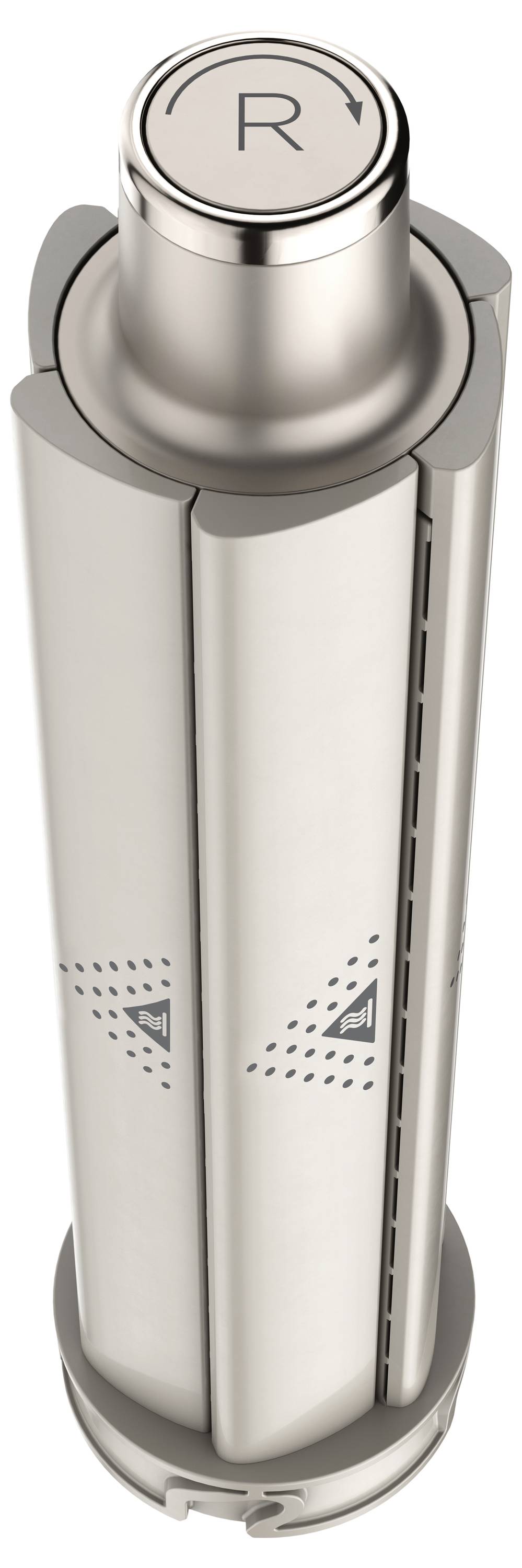 A silver cylindrical container with a rotatable top section marked with an arrow pointing to 'R'.