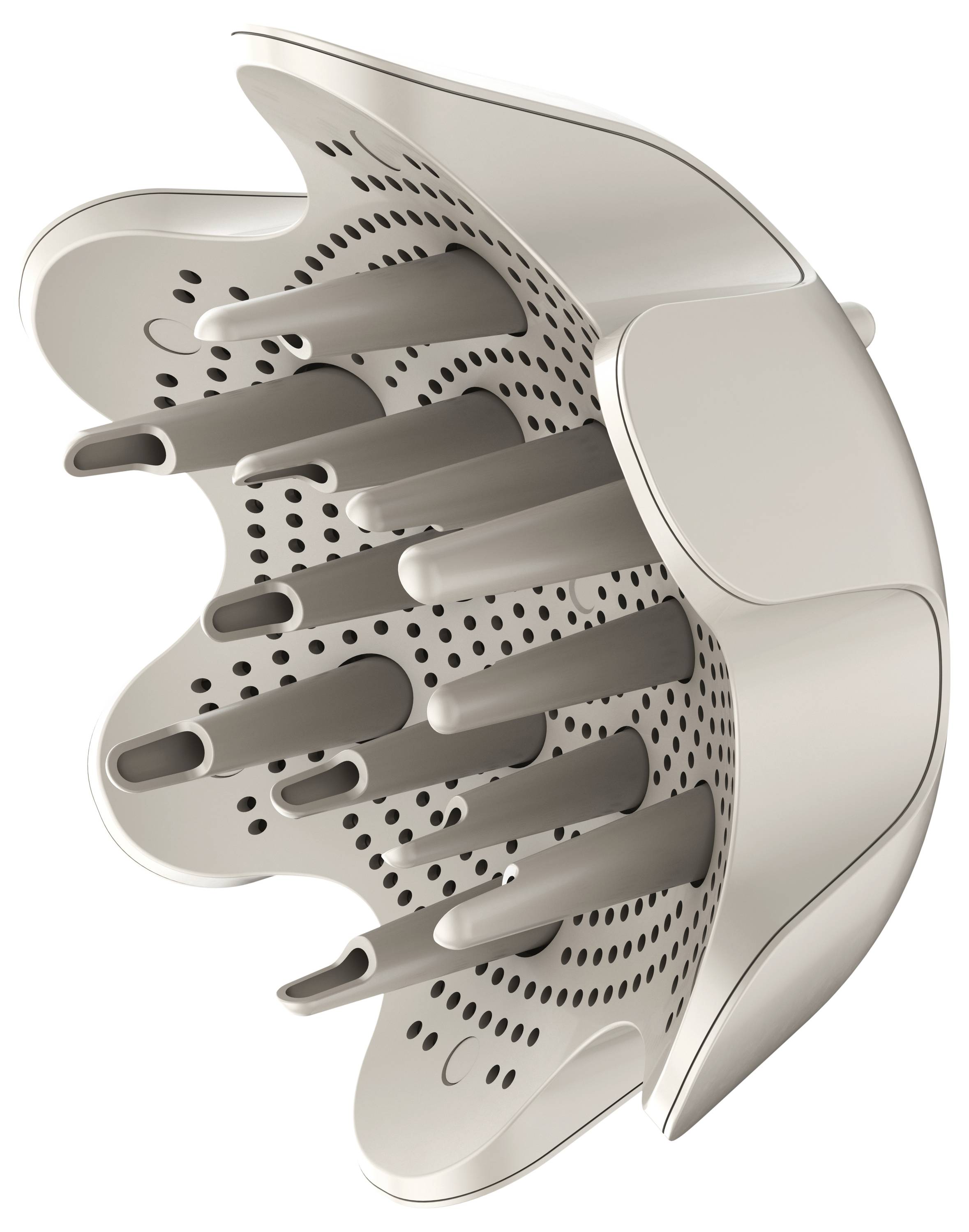 A hood-shaped diffuser attachment with multiple tubes for gentle hair drying, suitable for a hairdryer.